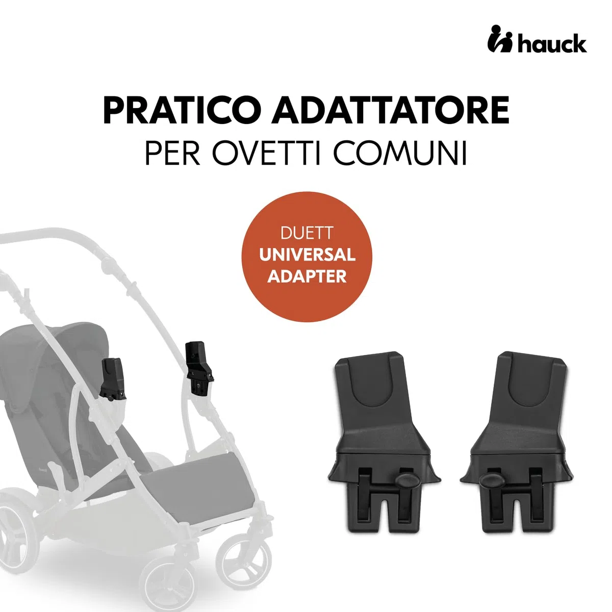 hauck Adattatori Seggiolini Auto Compatibili con Passeggino Gemellare Duett 2 e Duett 4 e Ovetti Selezionati di Maxi Cosi Cybex Joie Kinderkraft (Non Compatibili con Tutti i Modelli) - 1 Coppia, Nero