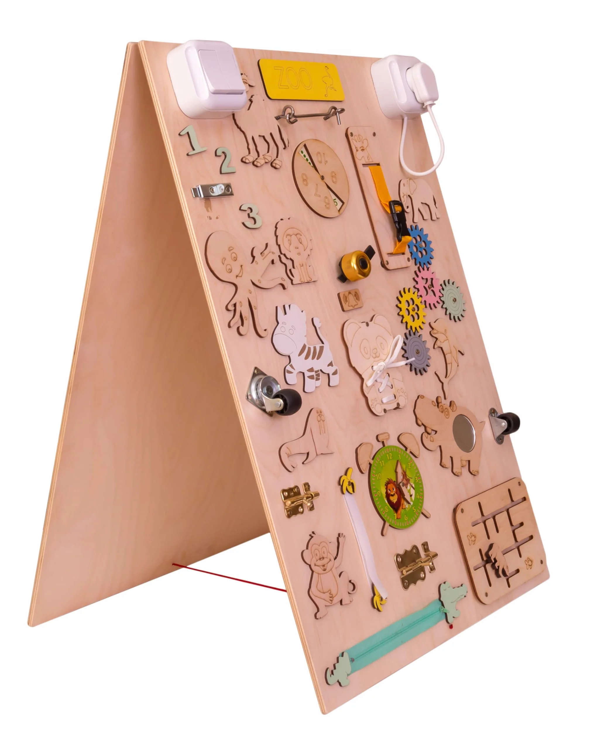 Leo - Quadro di attività sensoriale Montessori Busy Board in legno autoportante double face naturale Zoo 75 cm