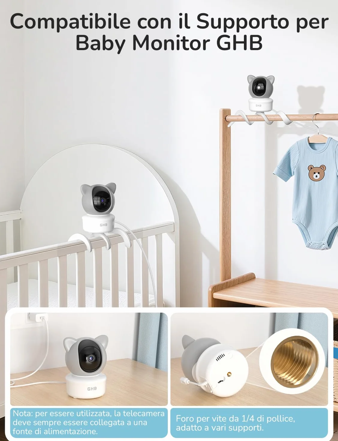 Monitor Baby WiFi con App, IPS 5'', 2K, PTZ 350°/65°, 3000mAh, Rilevamento Movimento/Pianto/Temperatura, Visione Notturna