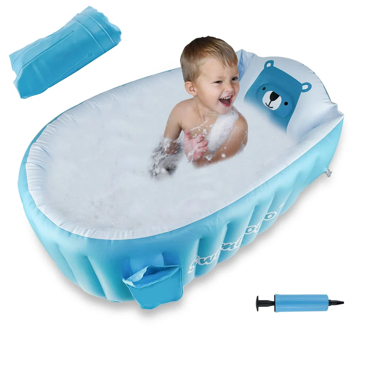 Vasca Gonfiabile per Bambini, AolKee Portatile Pieghevole Bagnetto Gonfiabile Neonato, Piscina Gonfiabile Neonato, Vasca Da Bagno Riutilizzabile Da Viaggio Morbida (per 0-5 Anni) + Pompa Ad Aria, Blu