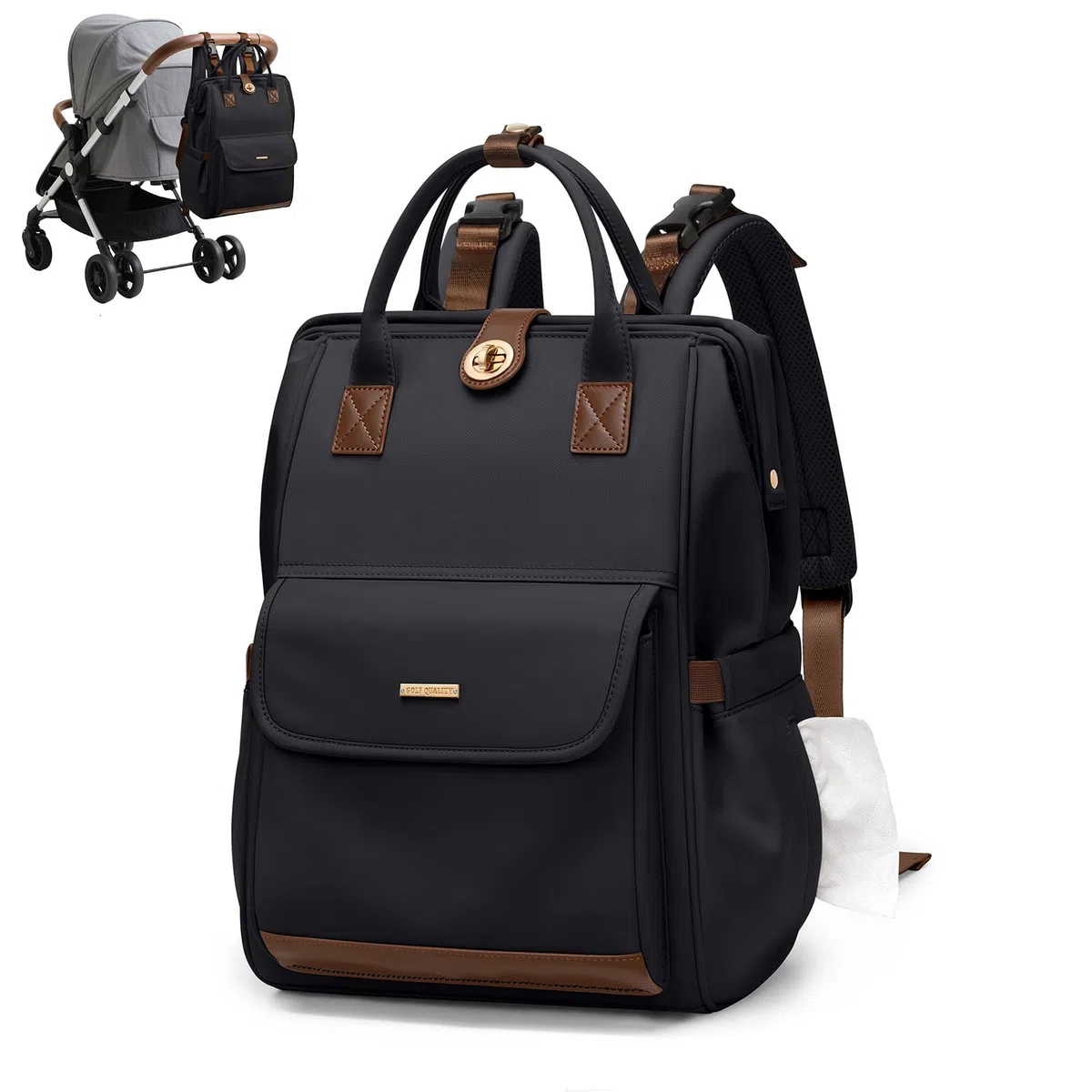 Zaino per pannolini, borsa per pannolini multifunzione resistente all'acqua con gancio, borsa per pannolini da appendere casual per mamma