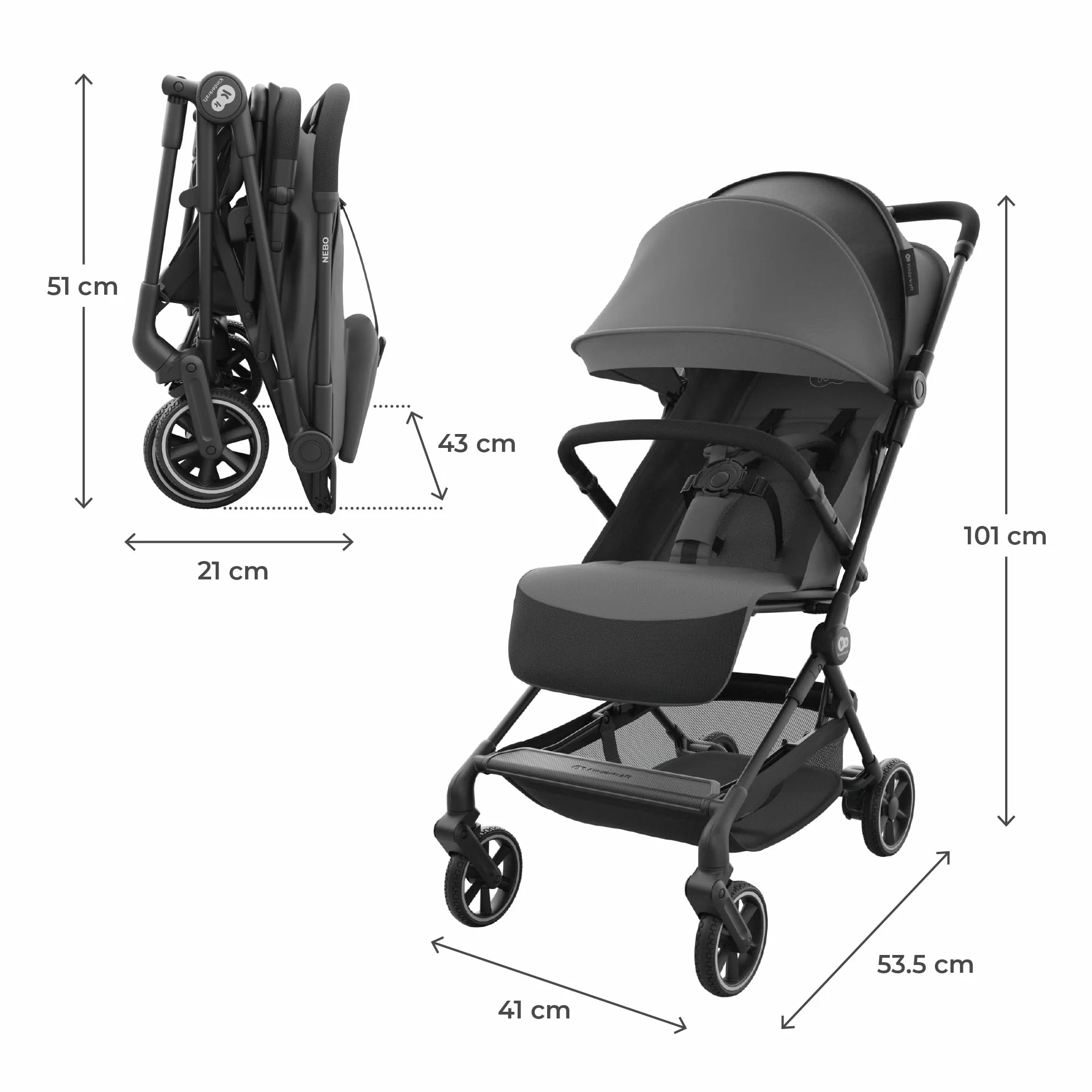 Kinderkraft NEBO passeggino da cabina ultraleggero, chiusura a una mano, resta in piedi, 51x43x21 cm, tracolla e borsa, posizione distesa, cinture 5 punti, Grigio