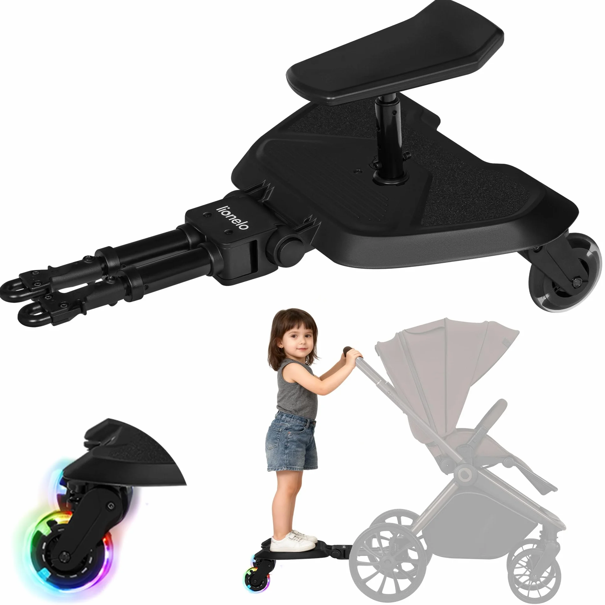 LIONELO Pedana Passeggino BUGGY BOARD con Seduta staccabile, Pedana Universale, per Bambini da 2 a 5 anni, Portata 25 kg, Ammortizzazione, Montaggio Universale, Ruote a LED, Pedane mobili