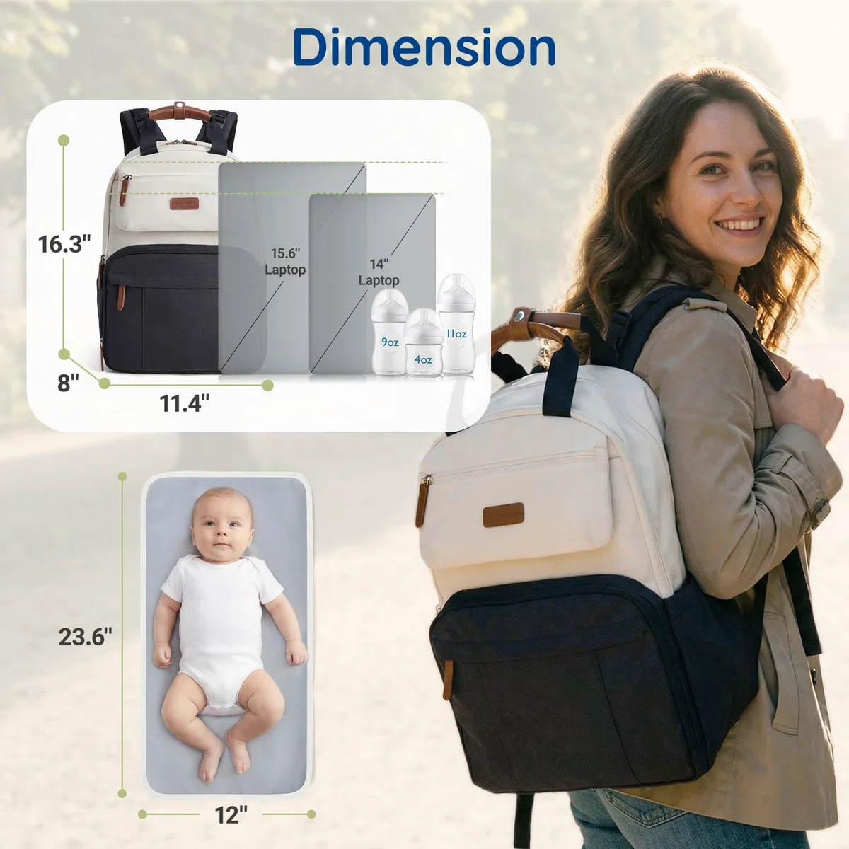 mommore Zaino fasciatoio, grande borsa espandibile per 2 bambini/gemelli, borsa per bambini resistente con fasciatoio, zaino da viaggio impermeabile per mamma e papà, beige., 29 x 22 x 41.5 cm