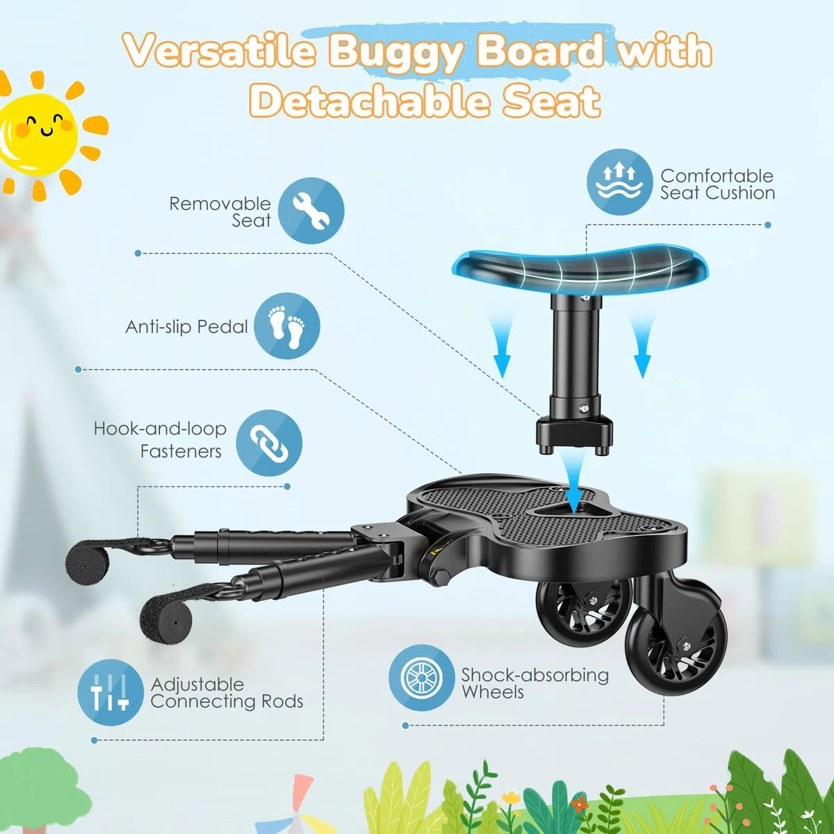 Pedana Passeggino Universale con Sedile più Grande, Buggy board per Bambini 2-6 Anni (25KG), Adatta al 99% dei Passeggini, Montaggio Facile, Ideale per Famiglie con Due Bambini (Nero)