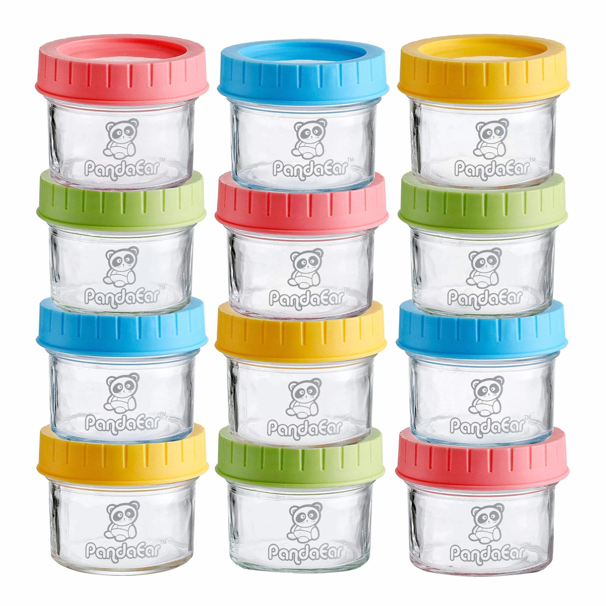 PandaEar (confezione da 12 barattoli di vetro per alimenti per bambini | Conservazione del congelatore per piccoli contenitori riutilizzabili da 4 once con coperchi ermetici a prova di perdite