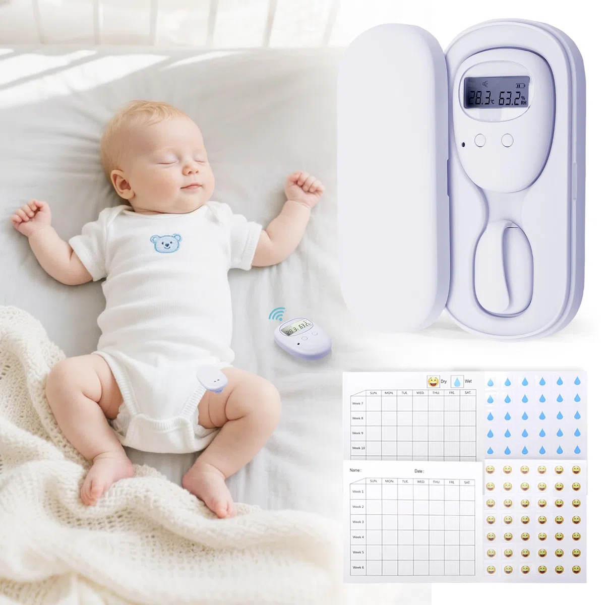 Wireless Allarme per Enuresi Notturna per Bambini, Allarme Pipì con Display per Temperatura e umidità, 3 modalità di Allarme, Ricaricabile USB, Alta Sensibilità, Cura dei Bambini e degli Anziani