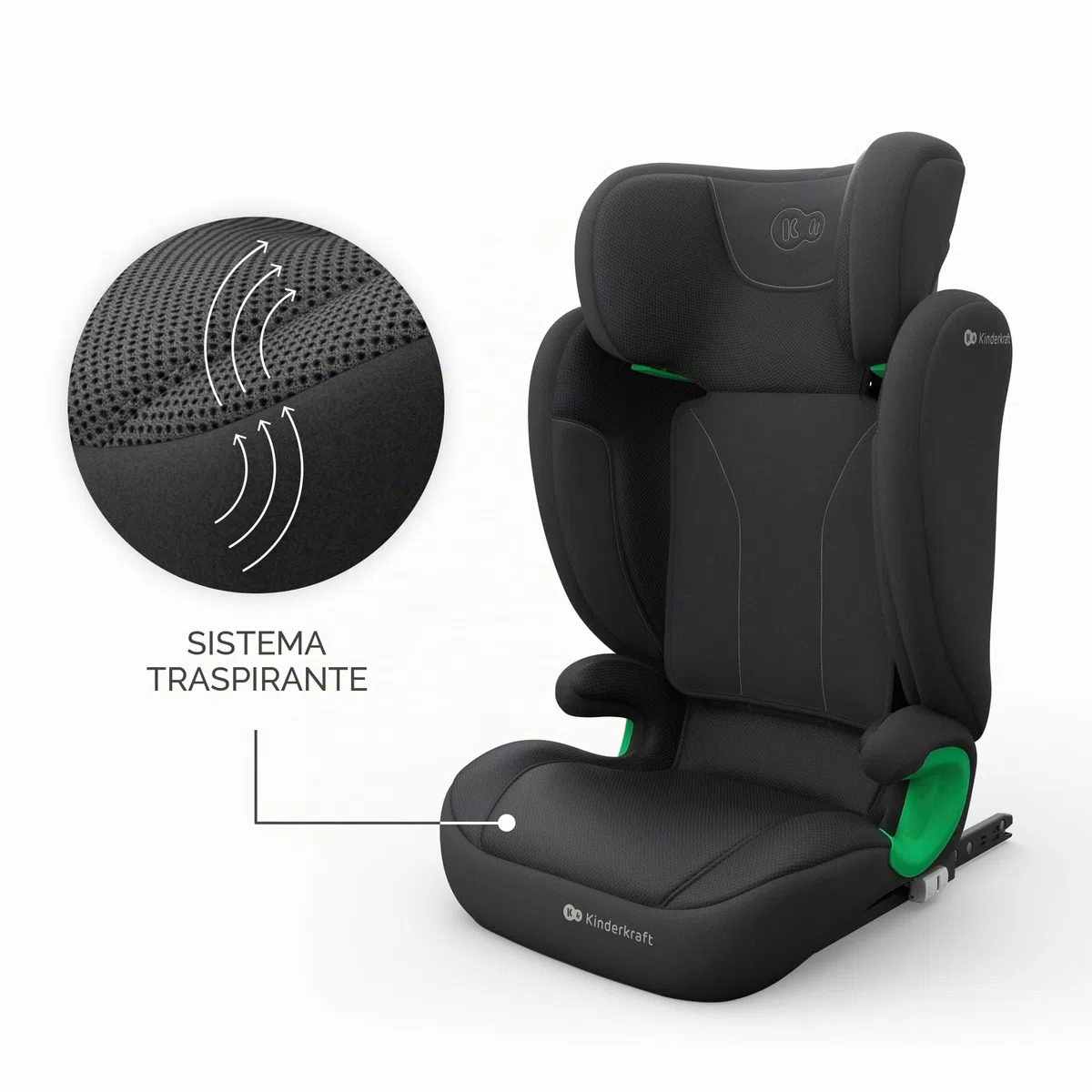 Kinderkraft JUNIOR FIX2 PRO I-SIZE Seggiolino auto 15-36 kg, Gruppo 2-3, 100-150 cm, con Isofix, Poggiatesta regolabile, Sistemi di sicurezza, Leggero Facile da trasportare, Facile da pulire, Nero