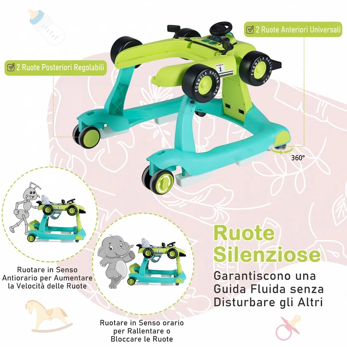 COSTWAY Girello per Bambini 4 in 1, Girello Pieghevole con Altezza e Velocità Regolabili, Carillon con Luci, Volante, Primi Passi per Bambini 6-18 Mesi, Portata 12 kg (Verde)