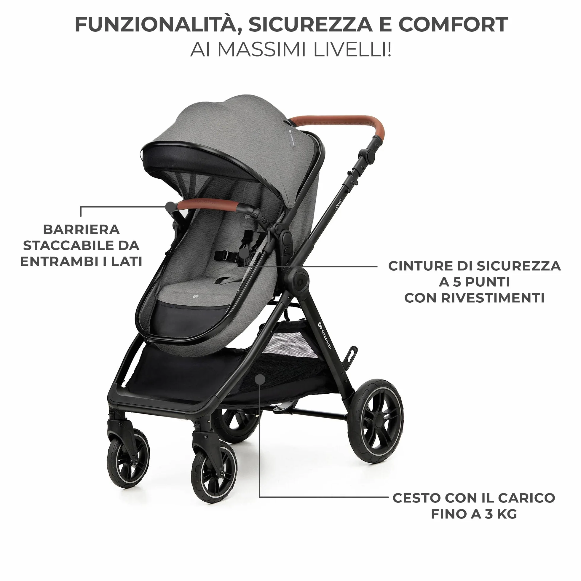 Kinderkraft ESME Trio passeggino 3 in 1 fino 26 kg Ovetto I-SIZE 40-75 cm Carrozzina reversibile pieghevole Grigio