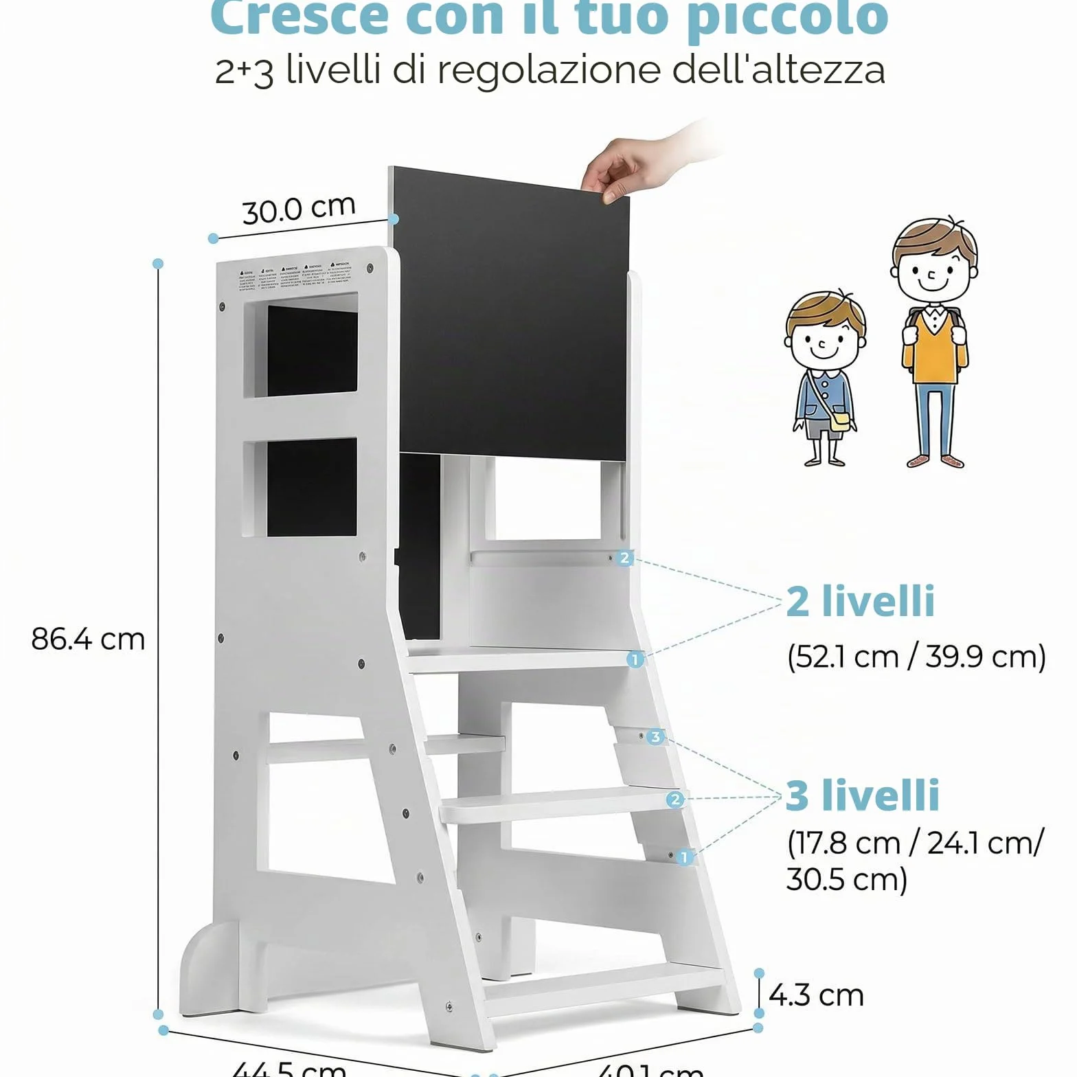 Torre Montessoriana Bambini 3 Livelli Regolabili Altezza Lavagna Magnetica Rimovibile Bianco