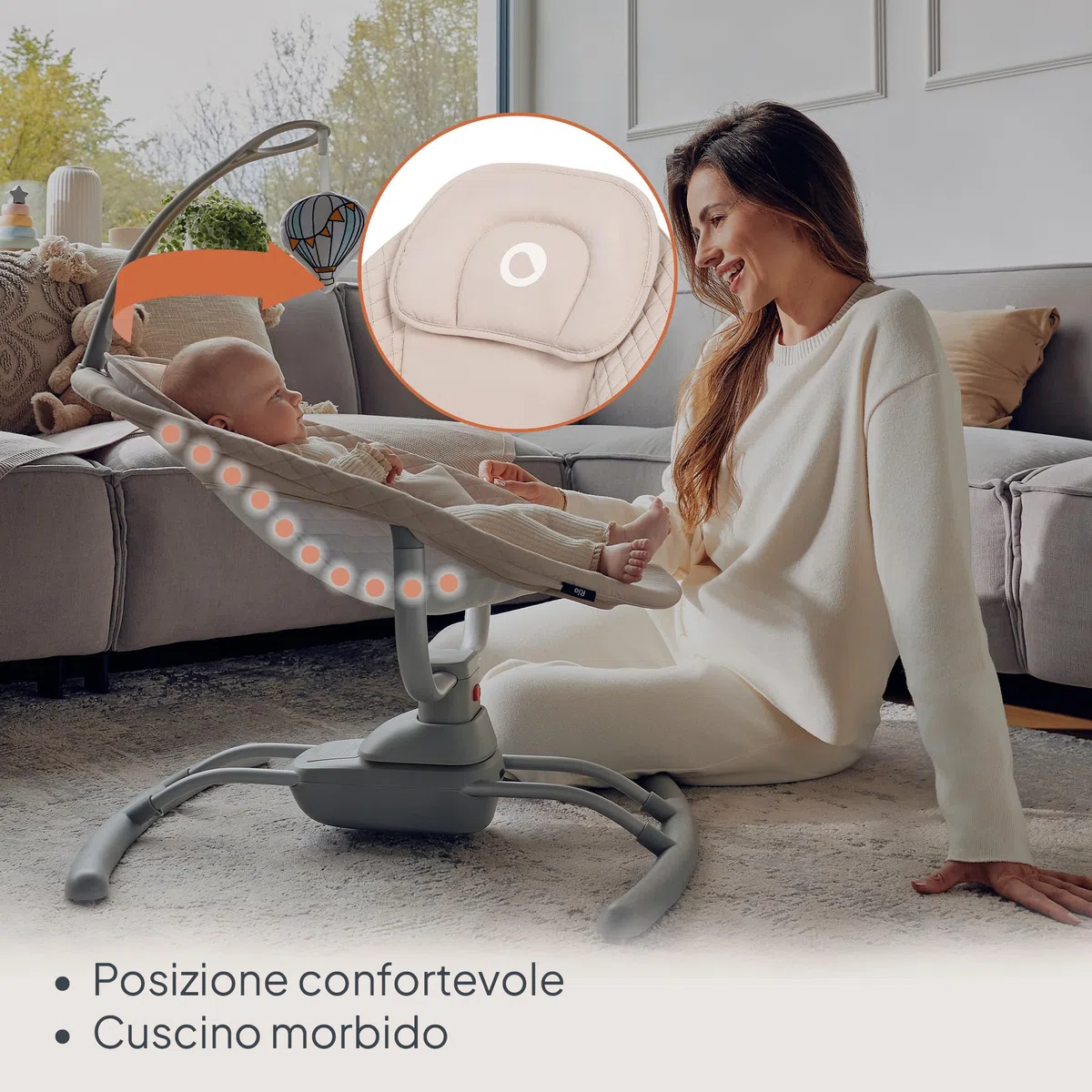 LIONELO RIO Dondolo elettrico per bambini, Schienale regolabile, dondolo a 3 velocità, cinture di sicurezza con cuscino Melodie e suoni della natura Archetto con giocattolo Leggero, fino a 9 kg