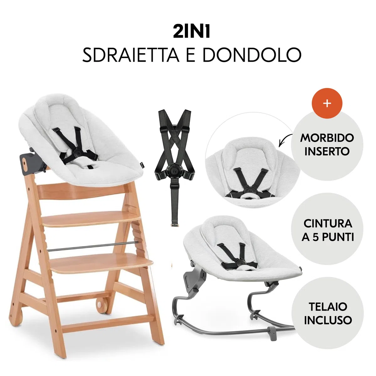 hauck Seggiolone Beta+ Newborn Set Premium da 0 Mesi - Seggiolone Legno Evolutivo, con Sdraietta Neonati (Dondolo Neonati), Cuscino Seduta, Vassoio - (Sdraietta: Grigio chiaro, Naturale)