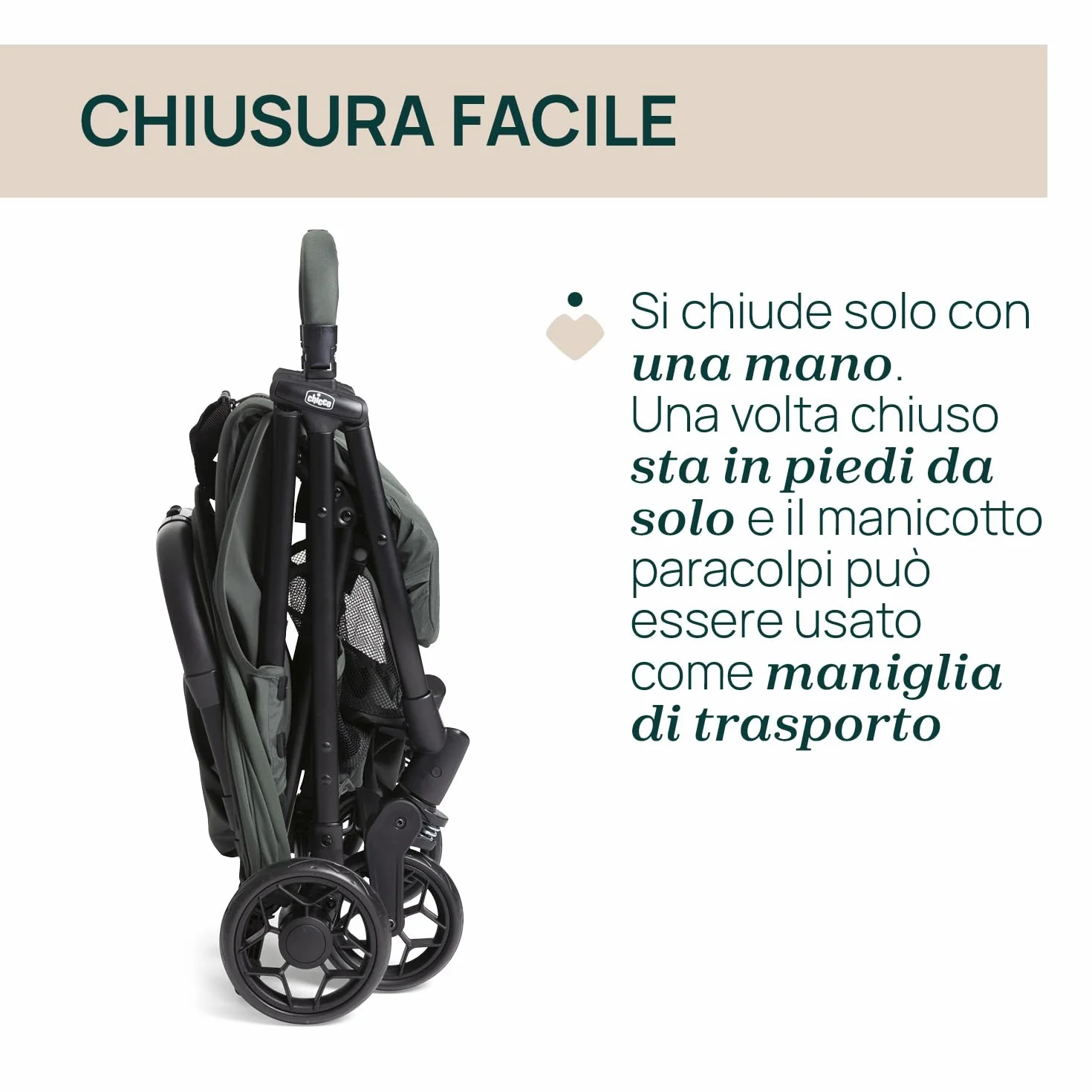Chicco Urbino Passeggino Leggero 0+ Mesi-22 Kg Chiusura Smart Compatta Capotte UV50+ Antipioggia Schienale Reclinabile Regolabile Poggiagambe Verde