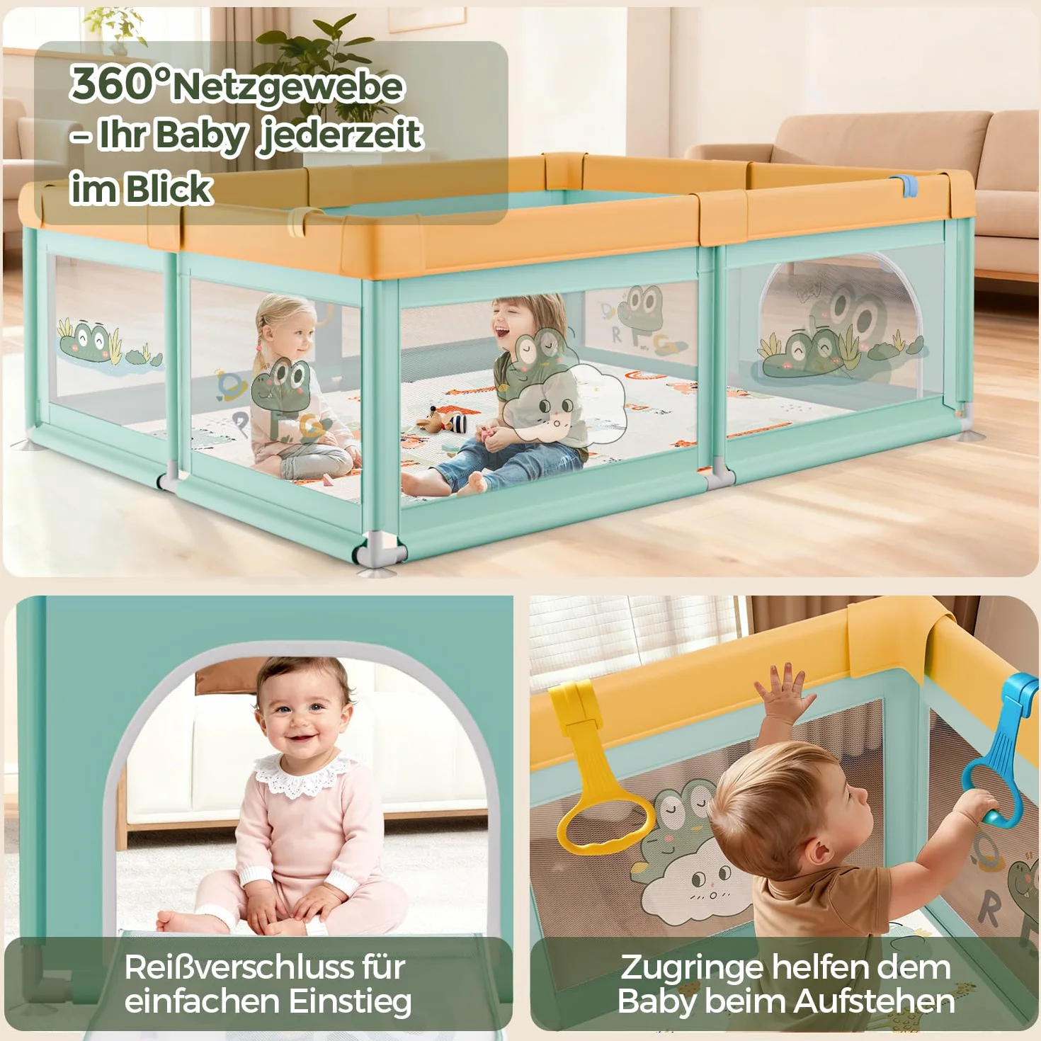 Box Bambini 180x200 con Tappeto, Recinto per Bambini con 360° Rete Traspirante, Tessuto Oxford, Laterali con Zip, Antiscivolo Robusta Centro Attività, 60 Palline, 4 Maniglie, Coccodrillo verde