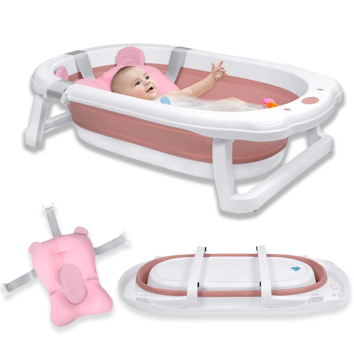 Froadp 82x50x20cm Vasca da Bagno Pieghevole per Bambini, Vaschette Bagnetto Neonato Antiscivolo con Suporto, Bacino Doccia di Sicurezza Portatile per Neonati e Bambino 0-8 anni (Rosa con Cuscino)