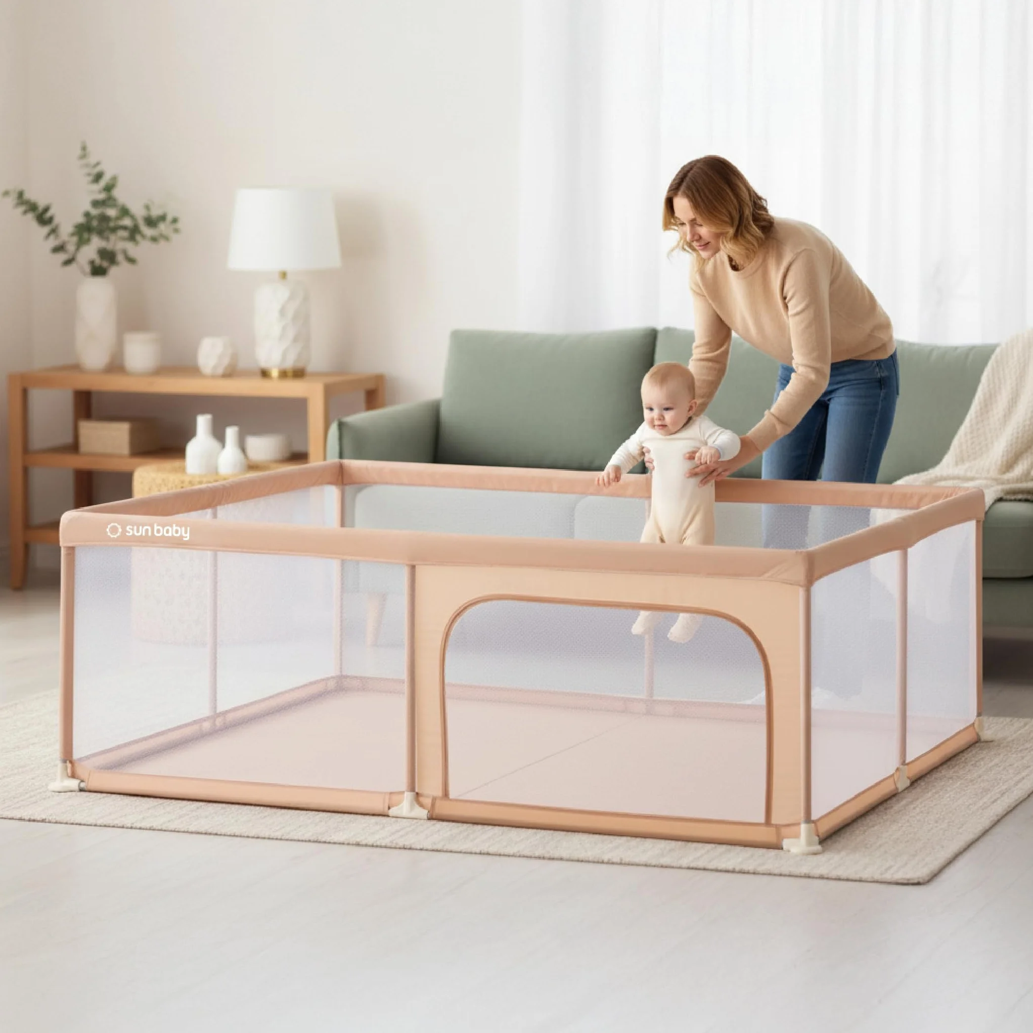 Sun Baby Box Bambini 150x200 cm 0-2 anni Salmone Poliestere Pareti in Rete Cerniera Piedini Antiscivolo Borsa Inclusa Struttura Metallo