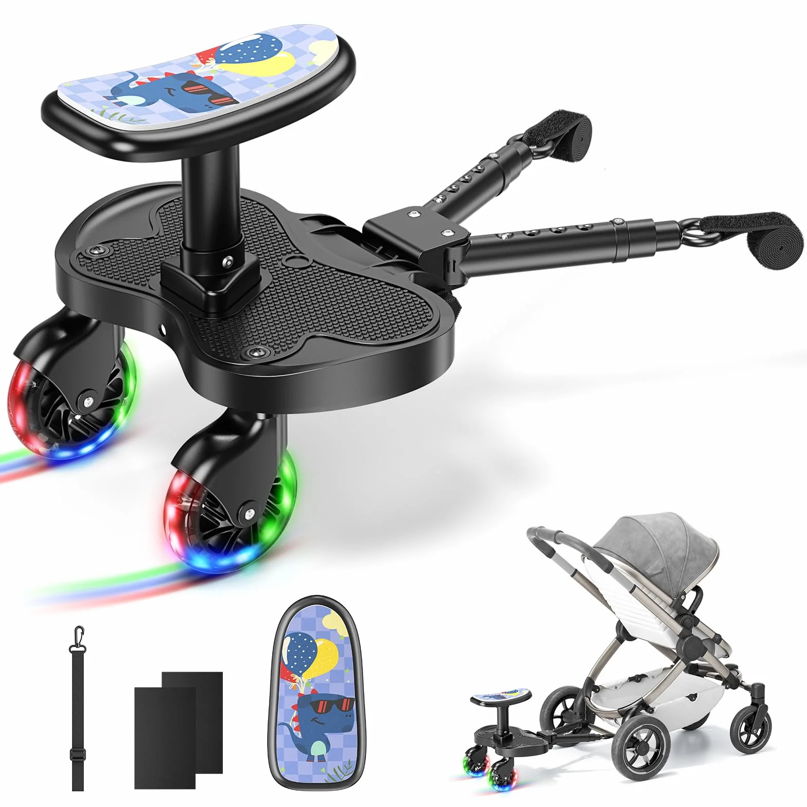Passeggino con ruote a LED, pedana per passeggino, per bambini da 2 a 6 anni (25 kg), compatibile con il 99% di tutti i passeggini
