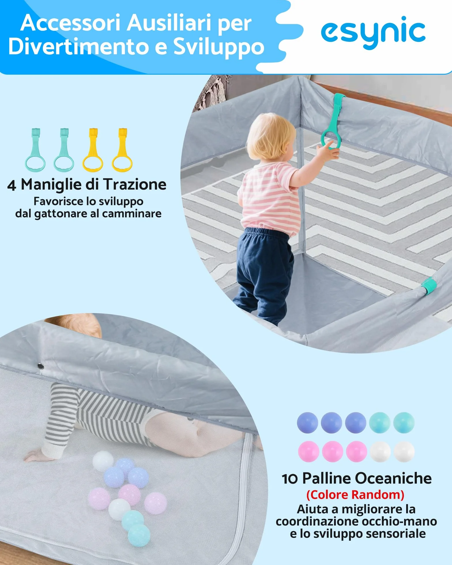 eSynic Playpen Bambini 120x120 cm Pieghevole con Pallini e Maniglie, Recinto Neonati Modulare, Porta Zip, Borsa Viaggio - Grigio