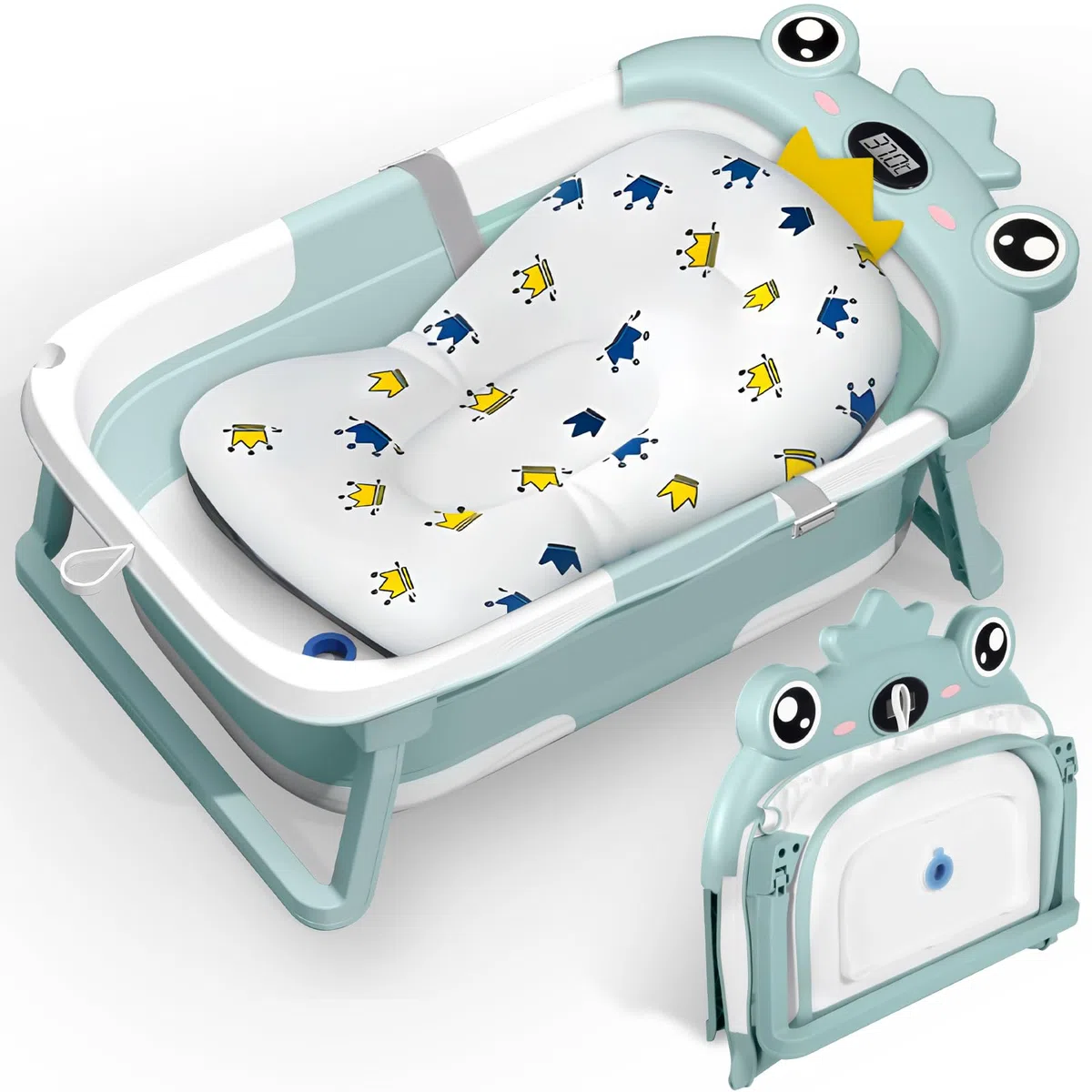 Vaschetta Bagnetto Neonato Pieghevole, Vasca Neonato Bagnetto con Termometro E Cuscino Staccabile, Bagnetto Neonato per Portatile, Vasca da Bagno per Neonato A Bambino 0-36 Mesi (Verde)
