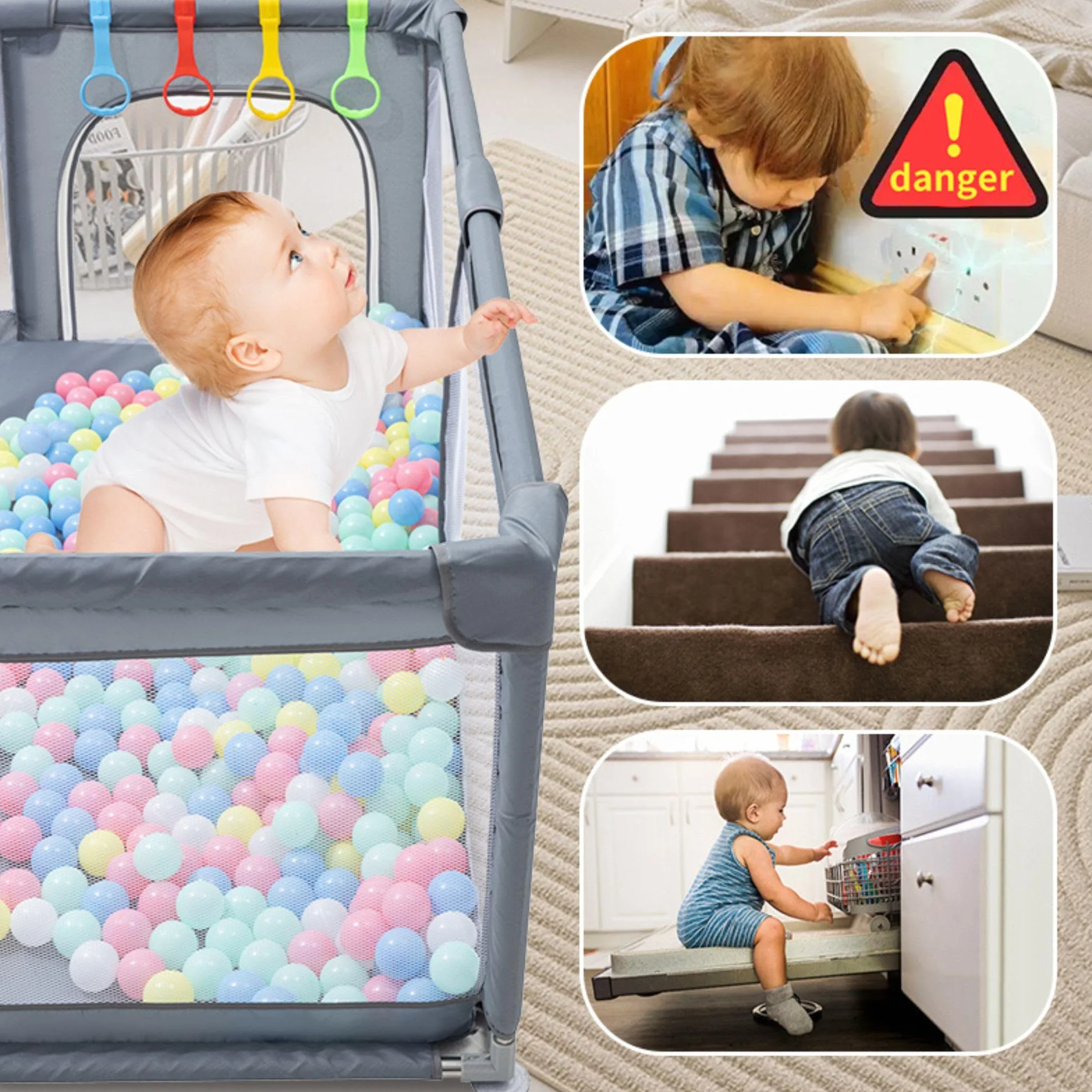Box Bambino 150x180cm Recinto con 50 Palline, 4 Maniglie, Borsa Riporre Neonato