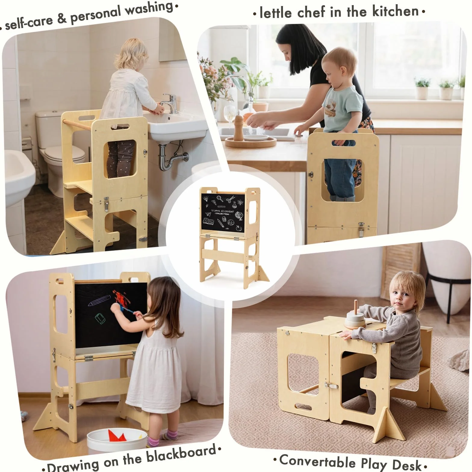 Labebe Montessori Torre per bambini 3 in 1 pieghevole didattica Scala Sgabello con lavagna Legno torretta utensili da cucina 18 mesi