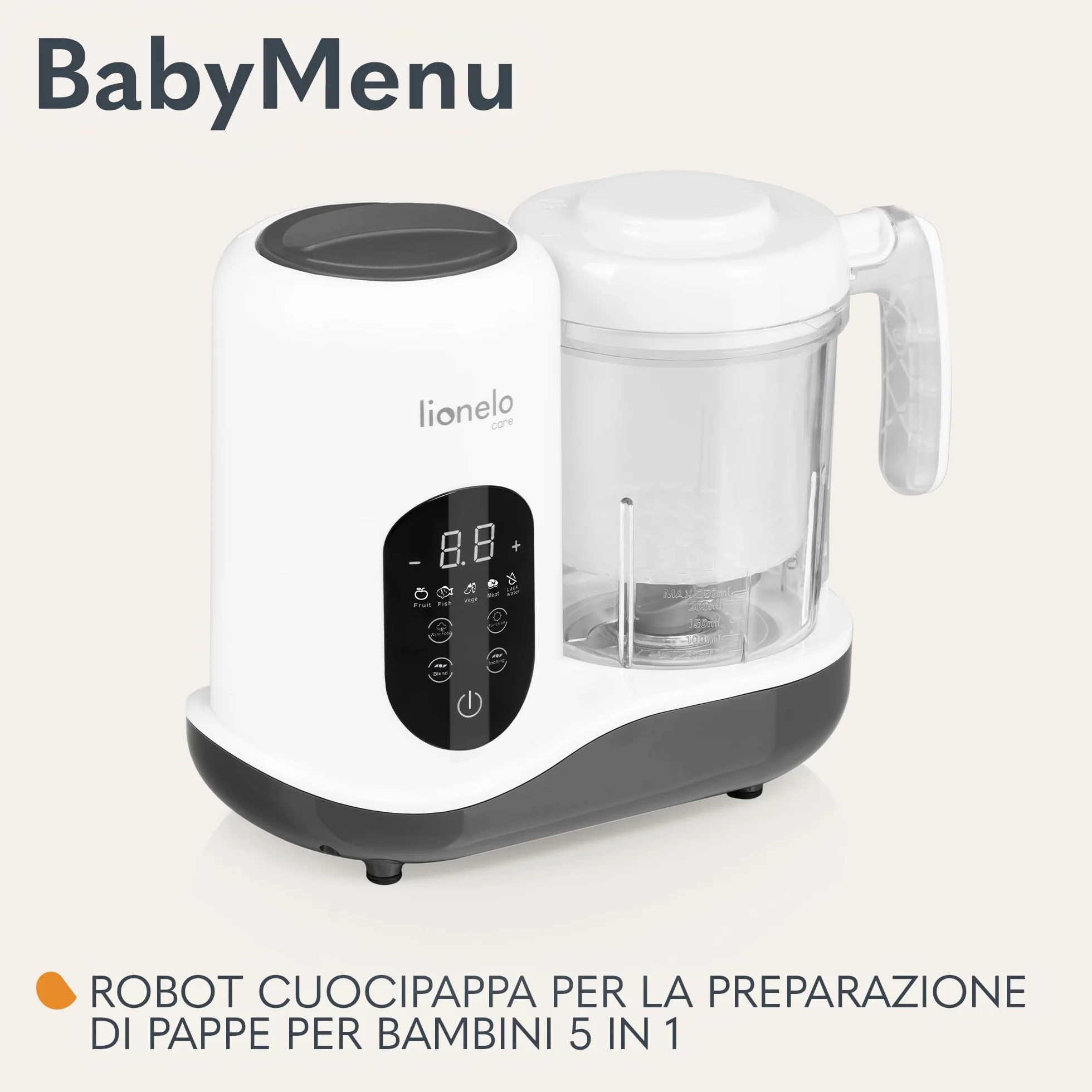 Lionelo BABYMENU 5in1 Robot Cucina e Scaldabiberon per Bambini: Cottura a Vapore, Frullatura, Riscaldamento, Scongelamento, Sterilizzazione, Senza BPA, 35 Ricette