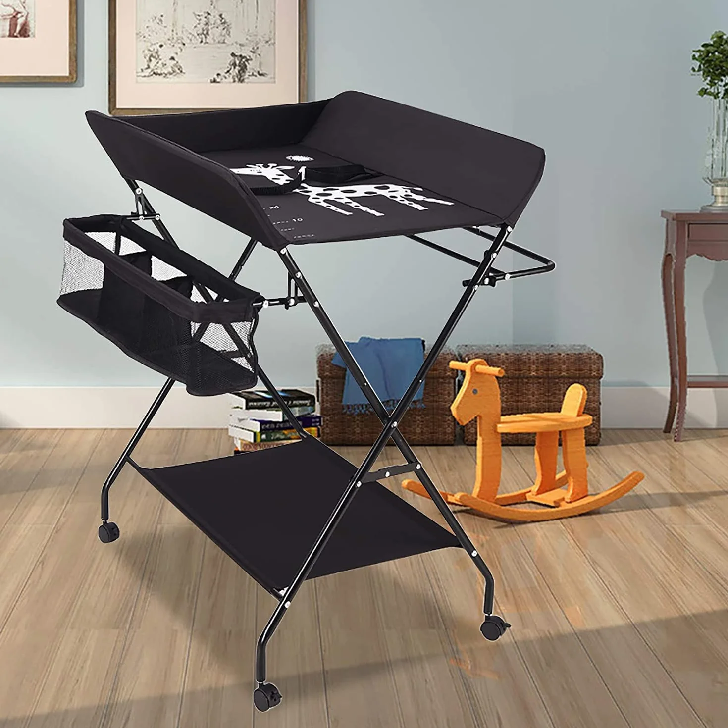 Fasciatoio Pieghevole per Neonato con Struttura Stabile, 4 Ruote con Freno, Portatile con Scomparti (80x66x98cm, Nero)