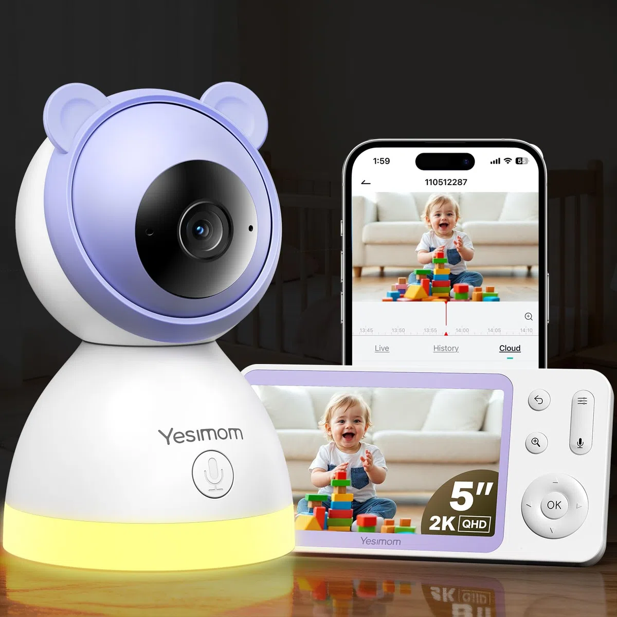 Baby Monitor con Telecamera 2K e Monitor 5'', Doppio Controllo tramite Monitor e App, Connessione Senza WiFi fino a 300m, WiFi 2.4G, Visione Notturna a Colori, IR Invisibile 940nm, Cloud/SD