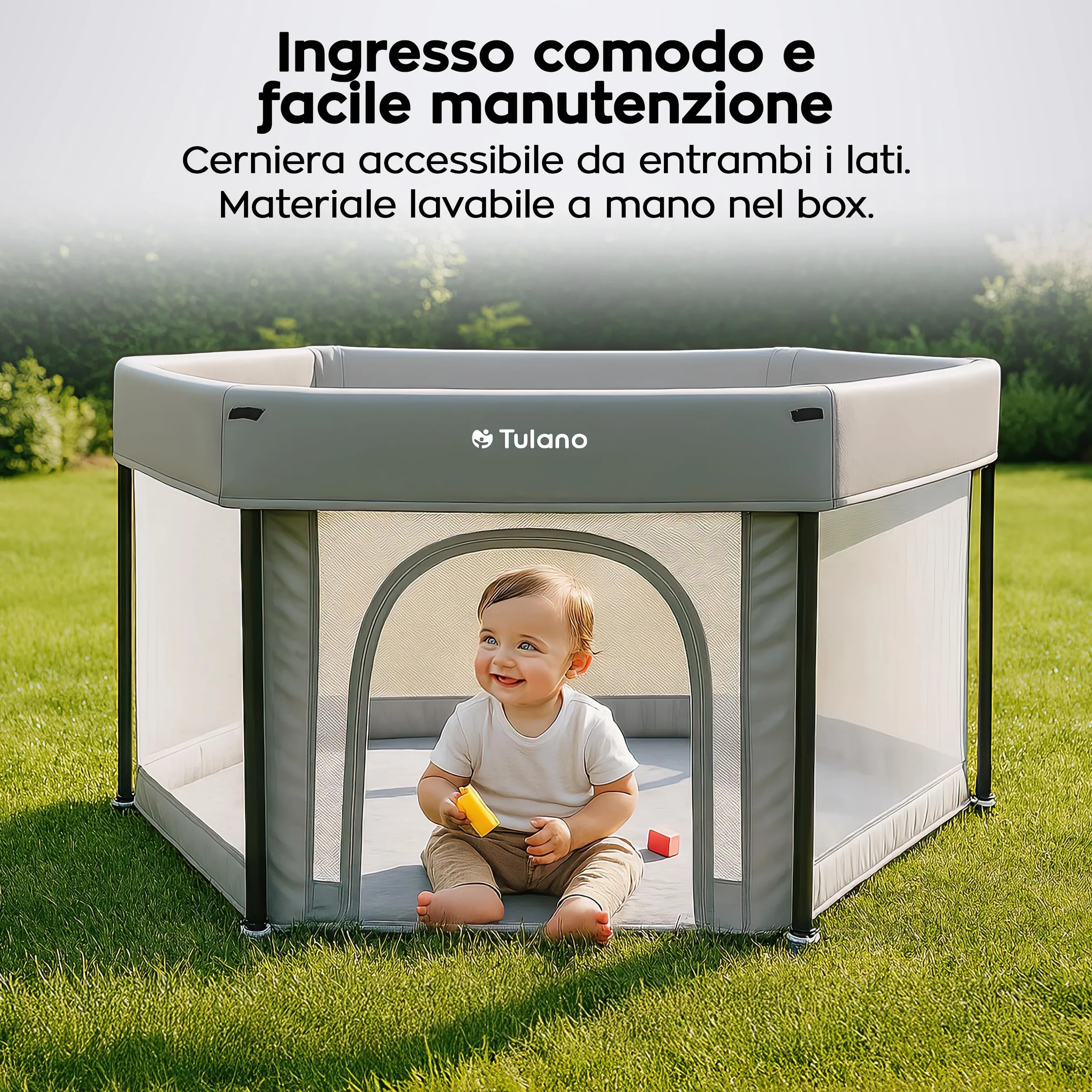 Tulano Cozy 30 Box per Bambini 125x125 cm – da 6 a 36 mesi – Recinto Neonato con Fondo – Struttura in Metallo – Rete Traspirante – Porta con Cerniera – Borsa Inclusa – Casa e Giardino – Grigio