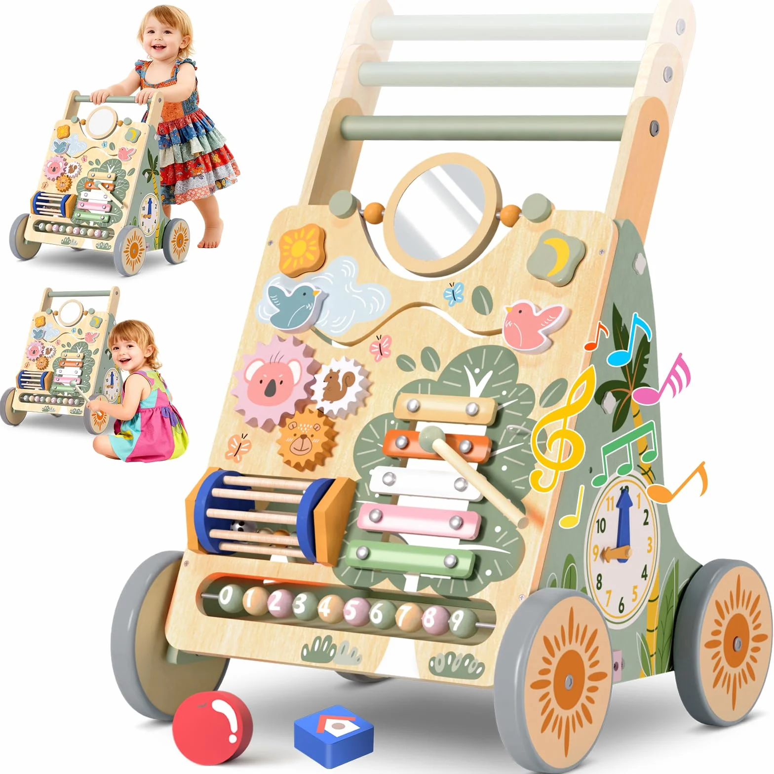 Carrello Primi Passi in Legno, Girello Montessori con Centro Attività, Girello Neonato Altezza e Velocità Regolabili, Perfetto come Regalo di Compleanno o Natale, Girello per Bambini 6-18 Mesi