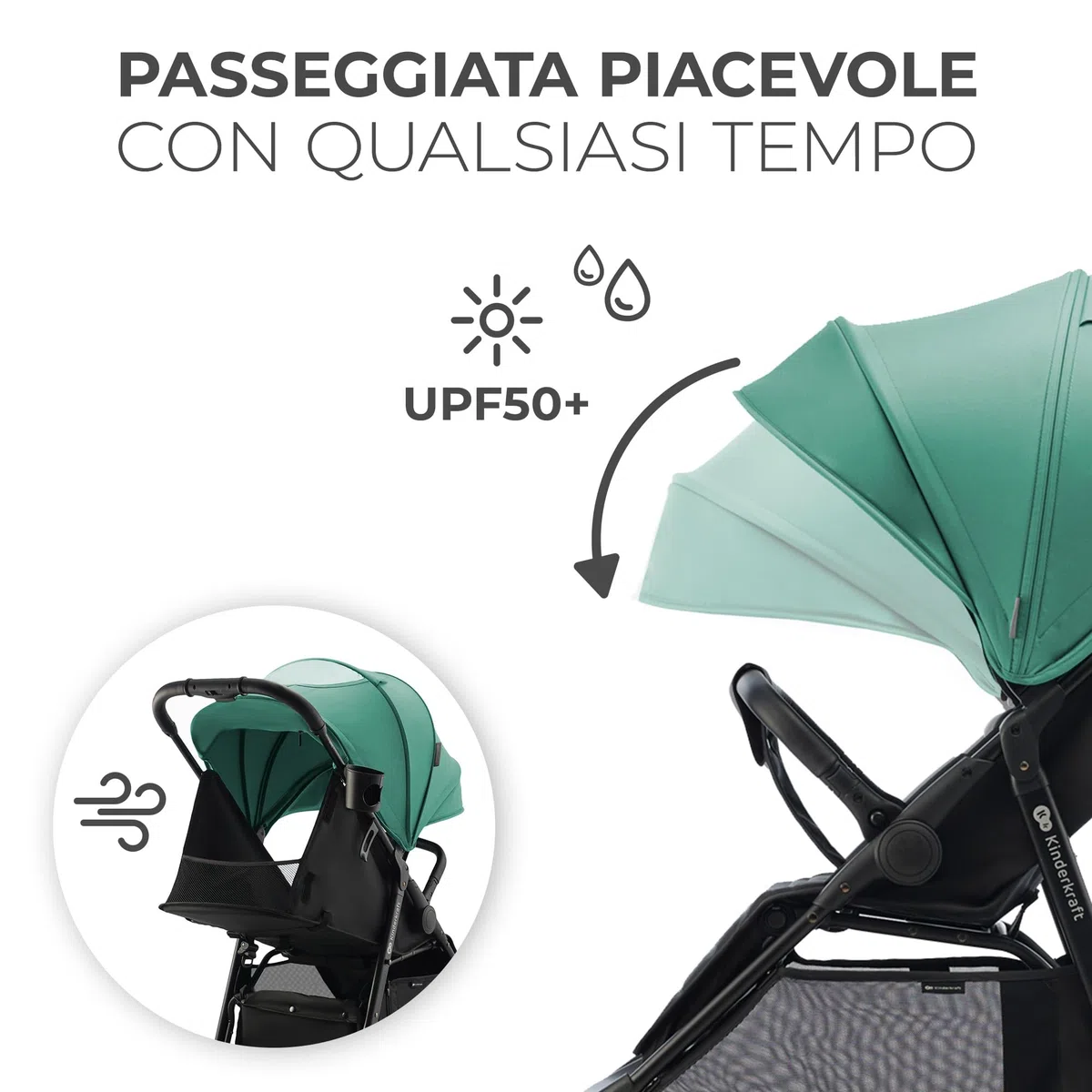 Kinderkraft RINE Passeggino leggero fino 22 kg, Chiusura con una mano, Capotta impermeabile con filtro UPF50+, Barra di sicurezza girevole, Portabicchiere, Verde