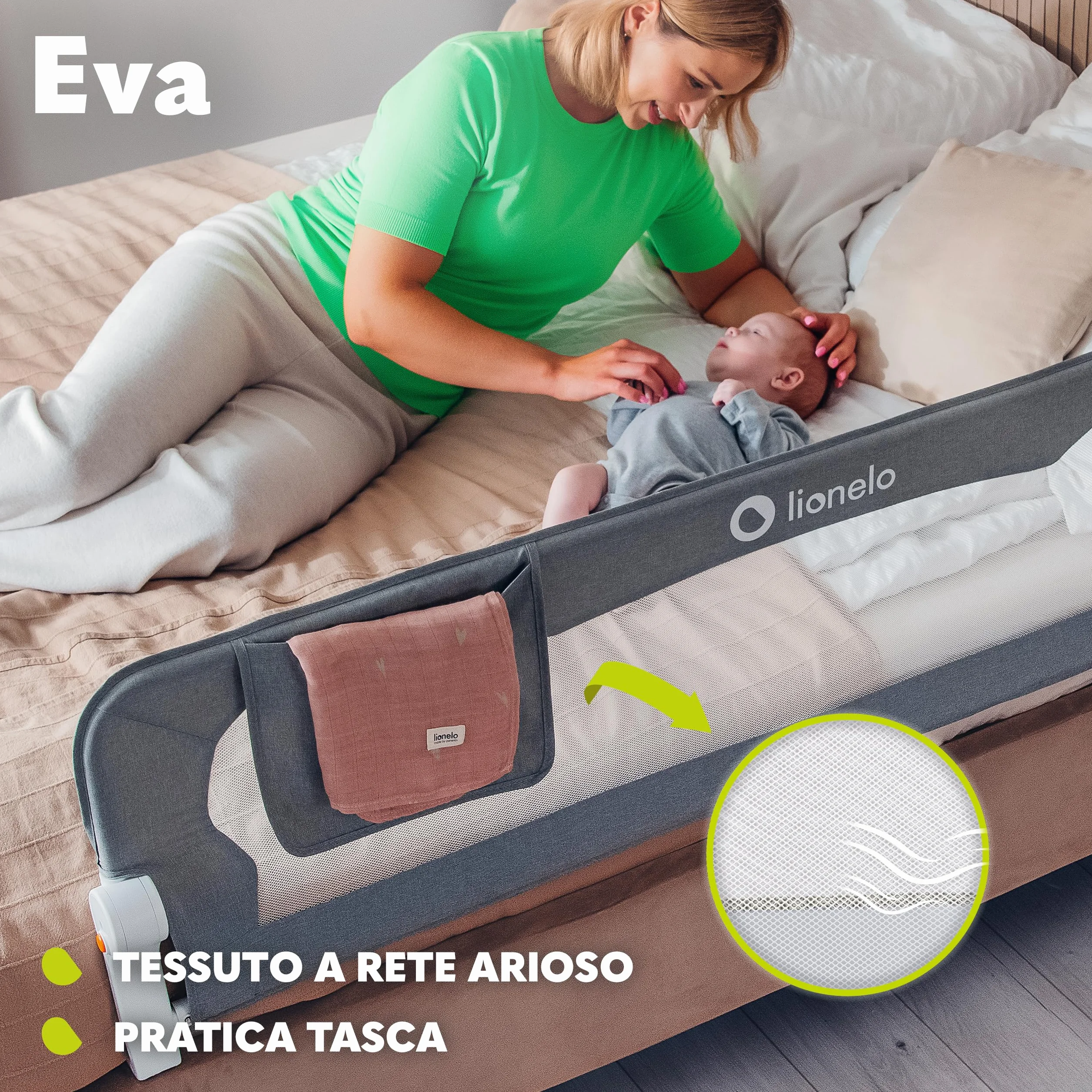 Lionelo Eva Sponda letto universale 150 cm Barriera protettiva pieghevole con blocco Standsafe