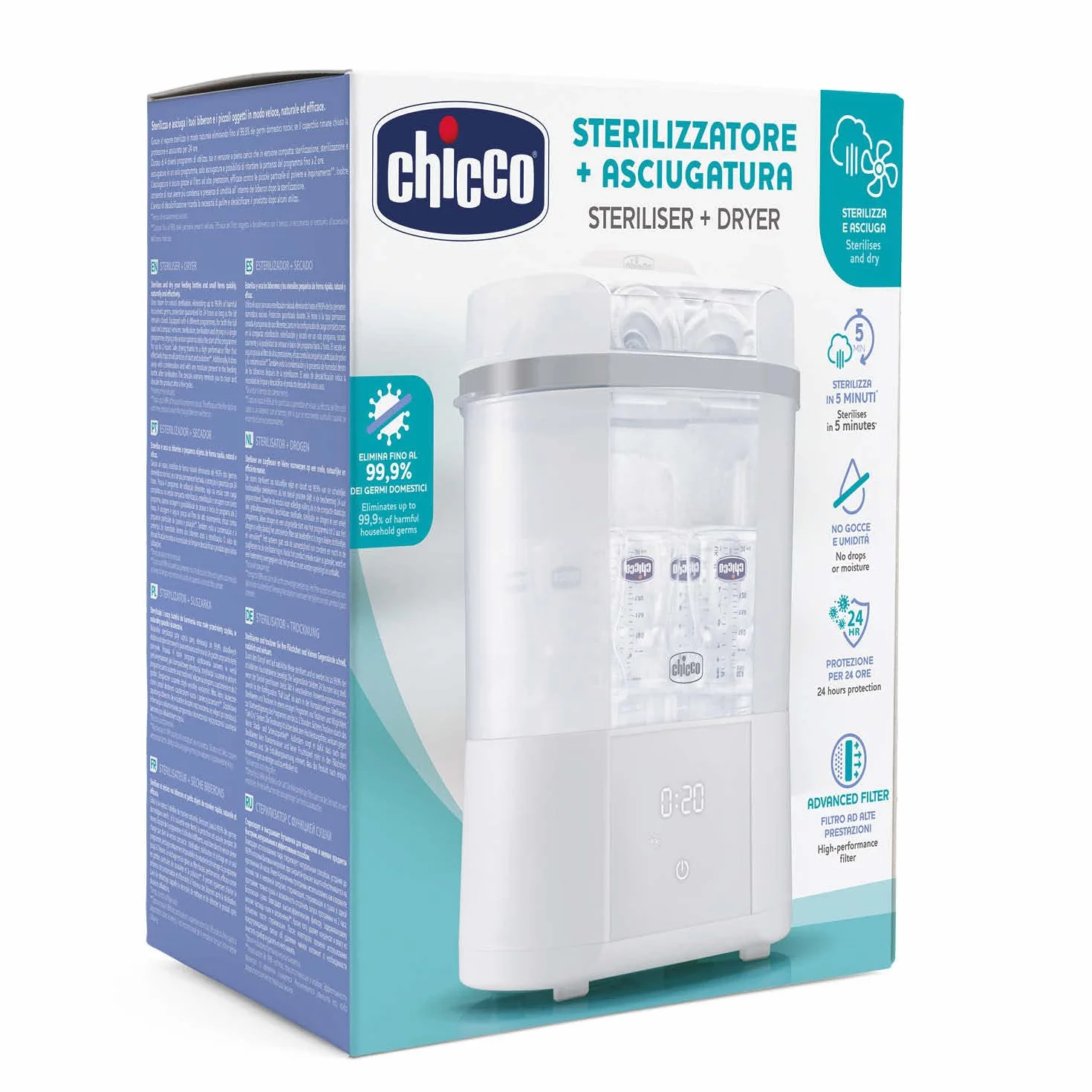 Chicco Sterilizzatore Biberon con Asciugatura, 2 Configurazioni, Fino a 6 Biberon 330 ml, Bianco