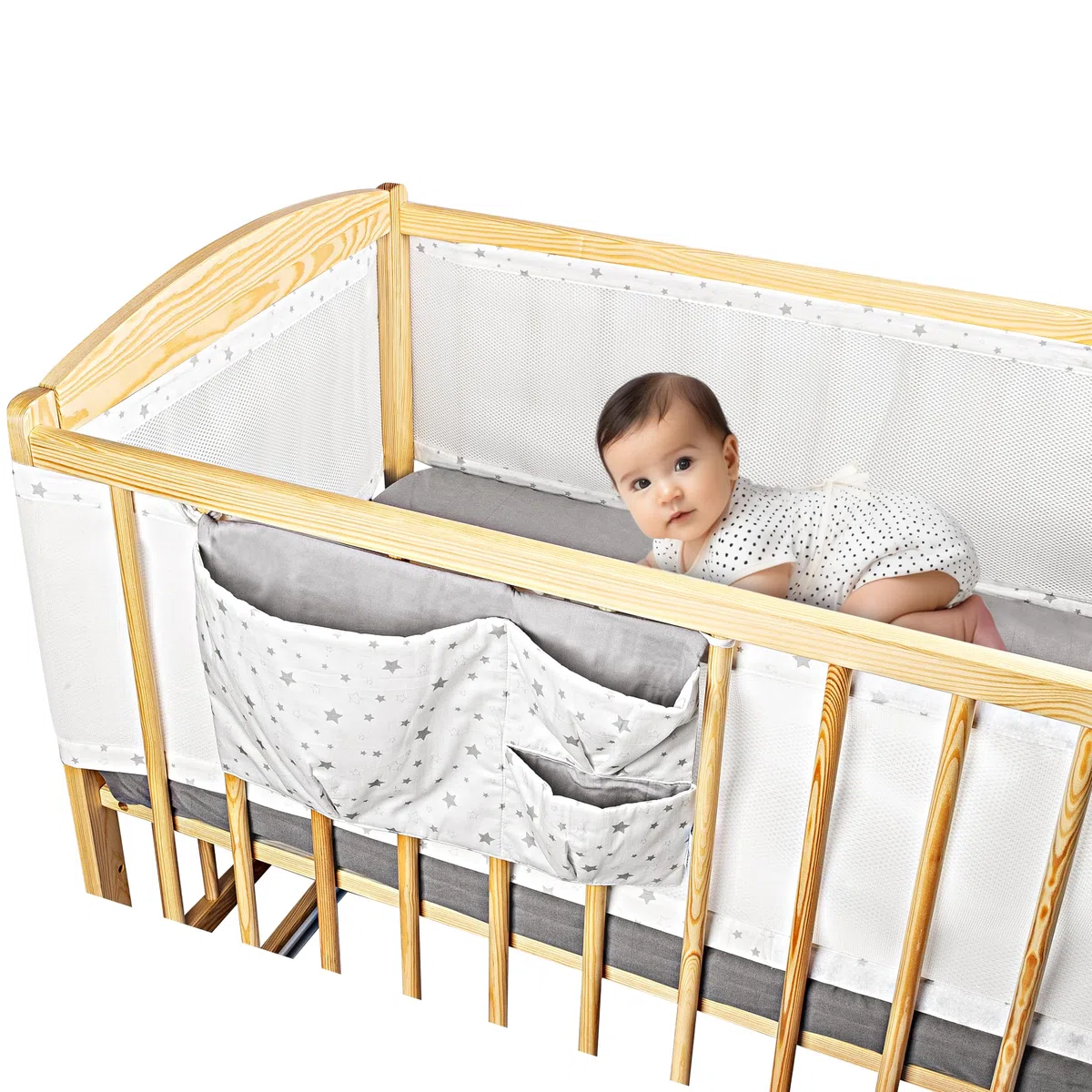 SweetComfort Paracolpi Traspirante per Lettino Neonato con Tasca Portaoggetti - Adatto ai Letti Neonato 60x120 e 70x140 cm - Colore Bianco Stellato - Velcri Regolabili - Paracolpi Lettino Neonato
