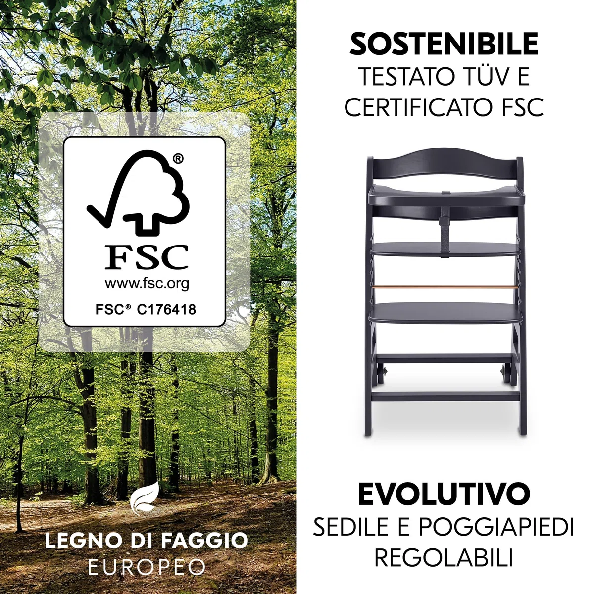 hauck Seggiolone Beta+ Newborn Set Eco Bouncer - Sediolone Pappa Bimbi in Legno Da 0 Mesi con Sdraietta Neonati Dondolo, Cuscino e Vassoio - (Grigio scuro)