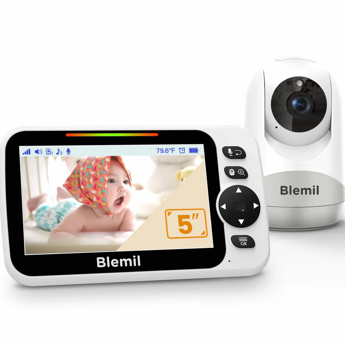 Blemil Babyphone Camera Video Monitor con telecamera e audio con batteria da 30 ore, schermo diviso da 5", telecamera con panoramica/inclinazione/zoom remoto