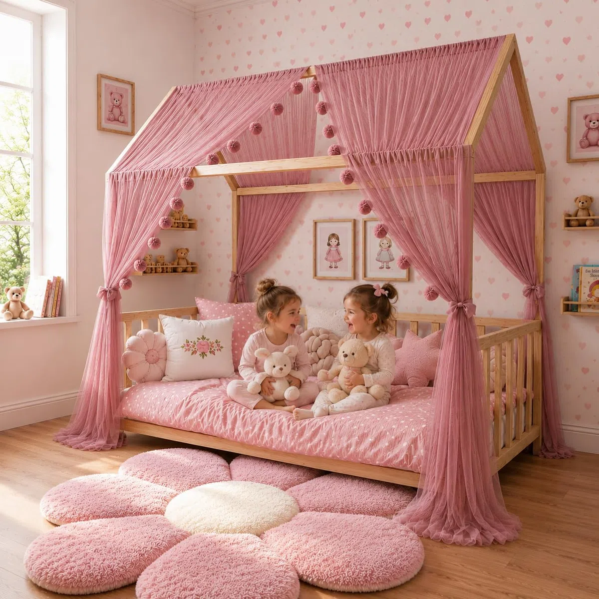 Baby Fancyroom Cielo per la casa, decorazione per la cameretta dei bambini, letto dei bambini, baldacchino, ghirlanda di pompon in tulle di alta qualità (rosa antica, 300 cm, con ghirlanda a pompon)