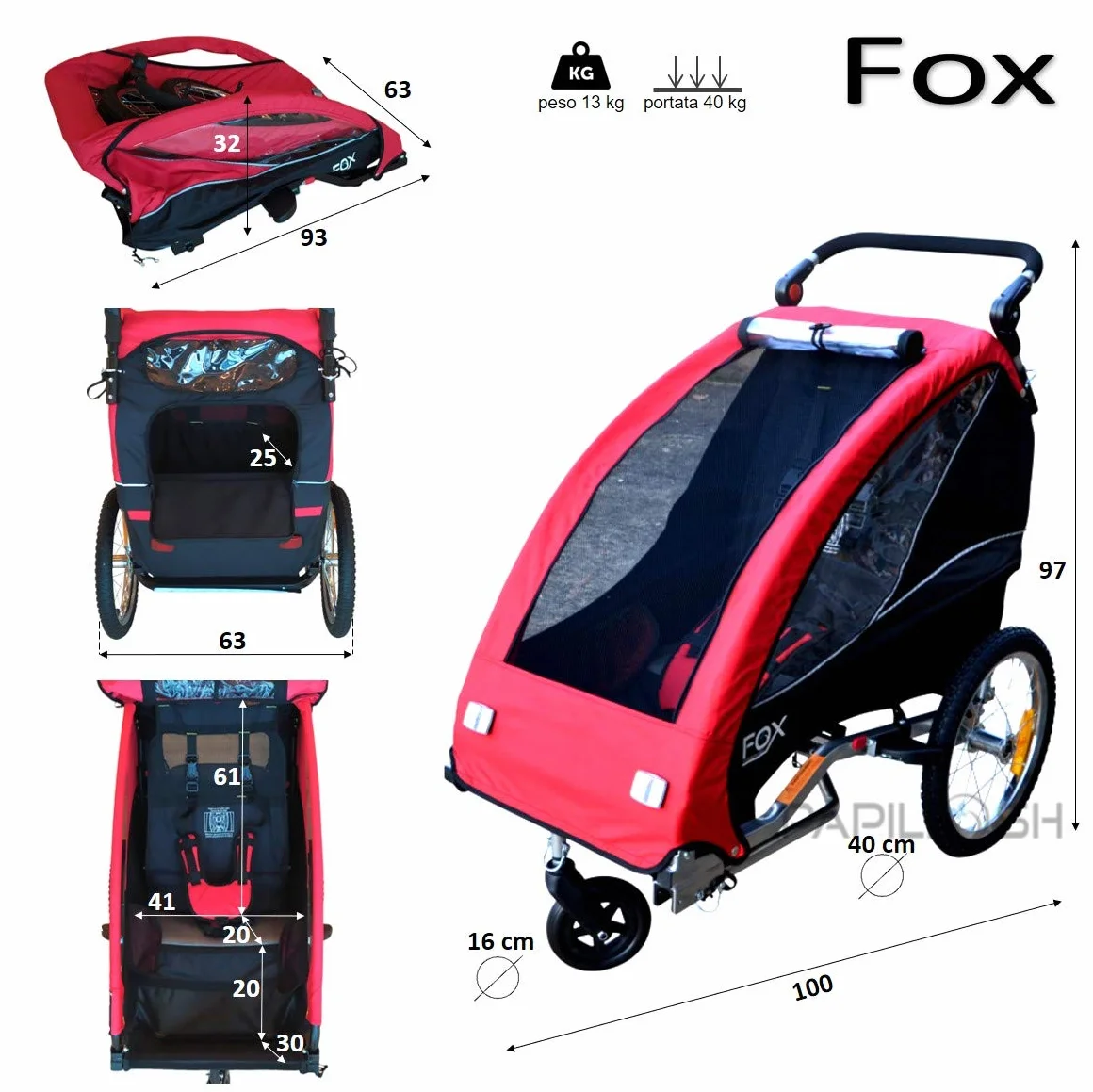 FOX Rimorchio passeggino per 1 bambino in bici