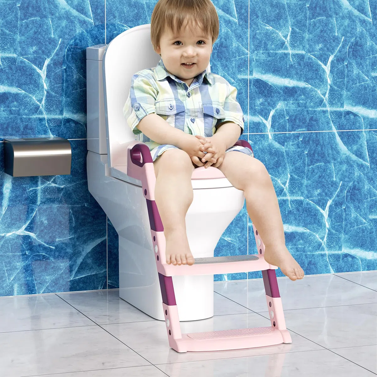 Allenatore per vasino per bambini, Tavoletta Bagno, Seduta Water, pieghevole, regolabile in altezza, con scale antiscivolo e cuscino morbido