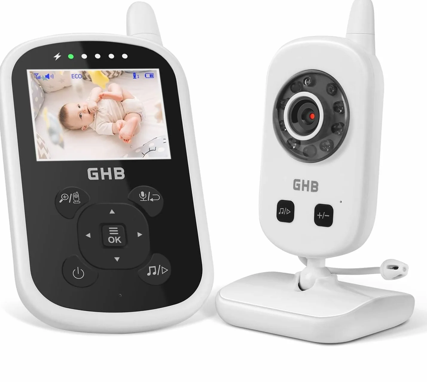 GHB Baby Monitor Video e Audio 2.4'' 950mAh VOX Visione Notturna Monitoraggio Temperatura Ninne Nanne