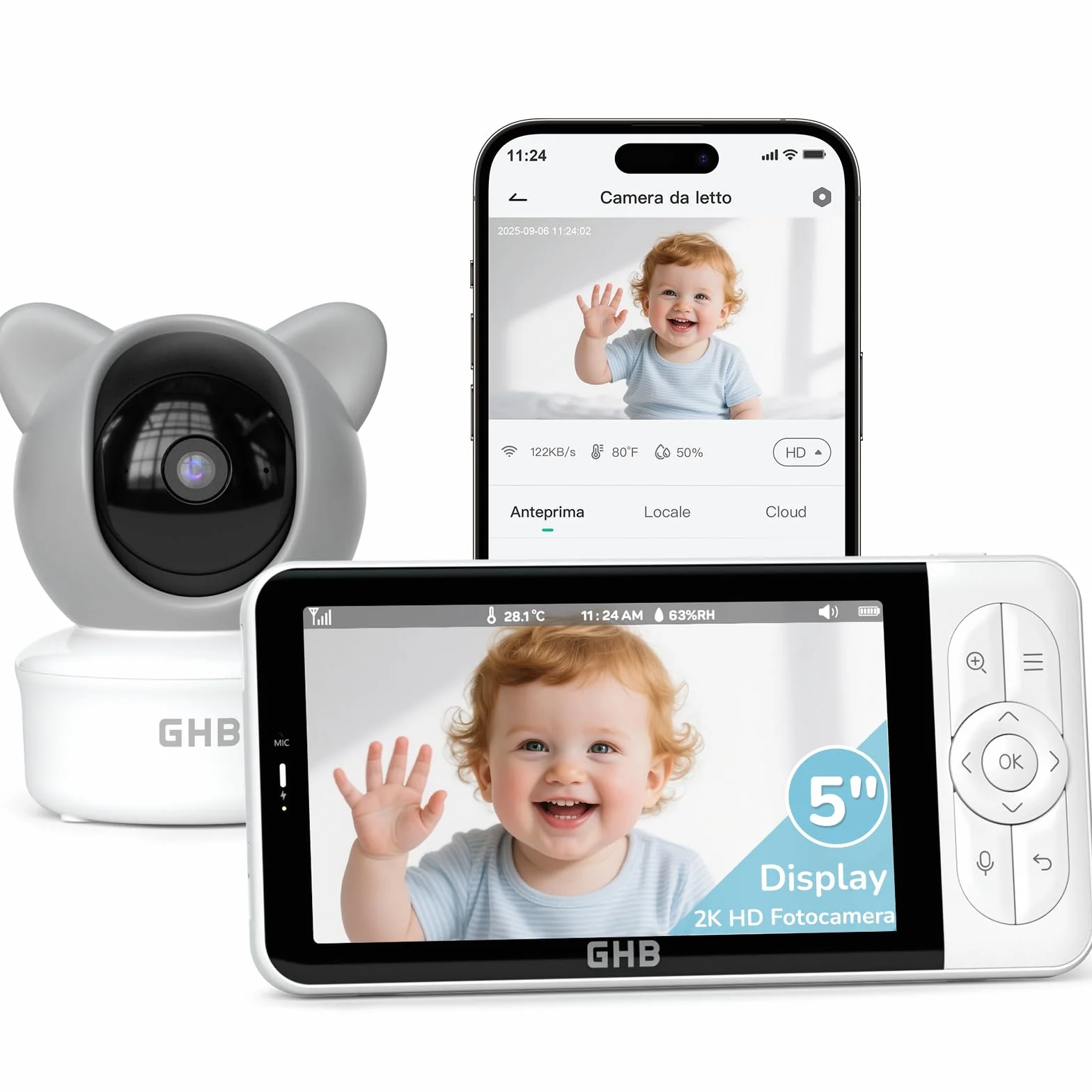 Monitor Baby WiFi con App, IPS 5'', 2K, PTZ 350°/65°, 3000mAh, Rilevamento Movimento/Pianto/Temperatura, Visione Notturna