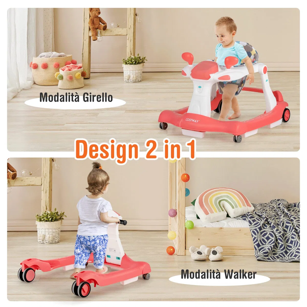 COSTWAY Girello per bambini 2 in 1, Girello con Altezza e Velocità Regolabili, Carillon con Luci e Cuscino Comodo, Primi Passi per Bambini 6-18 Mesi, Capacità di carico: 15 kg (Arancia)