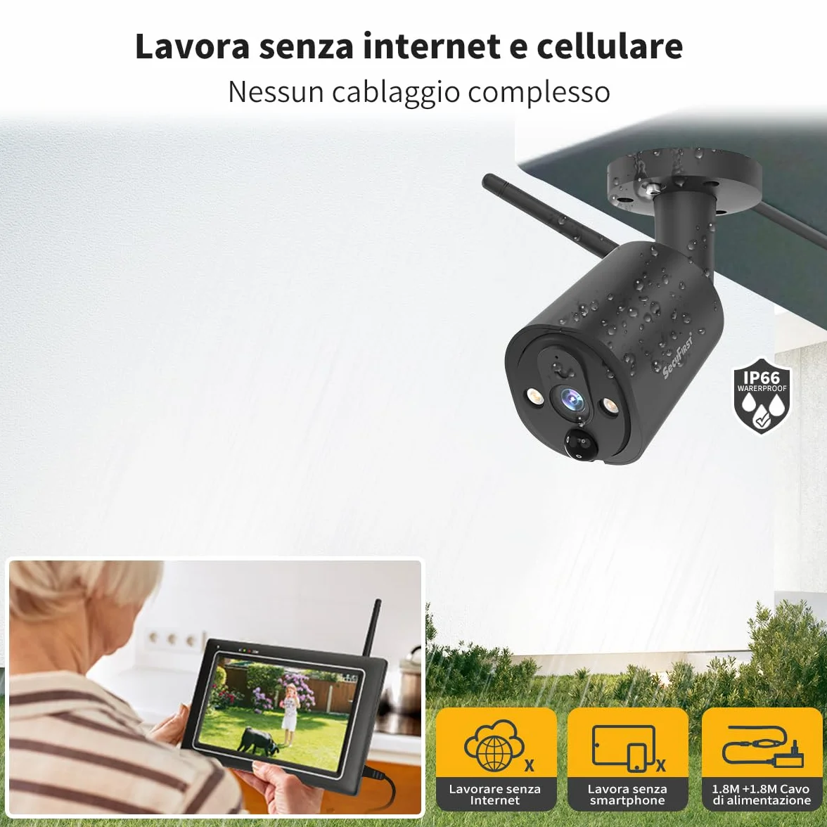 SecuFirst Kit Telecamere Videosorveglianza Esterno 2K senza fili 7" Touch Screen monitor 64 GB memoria nessun abbonamento