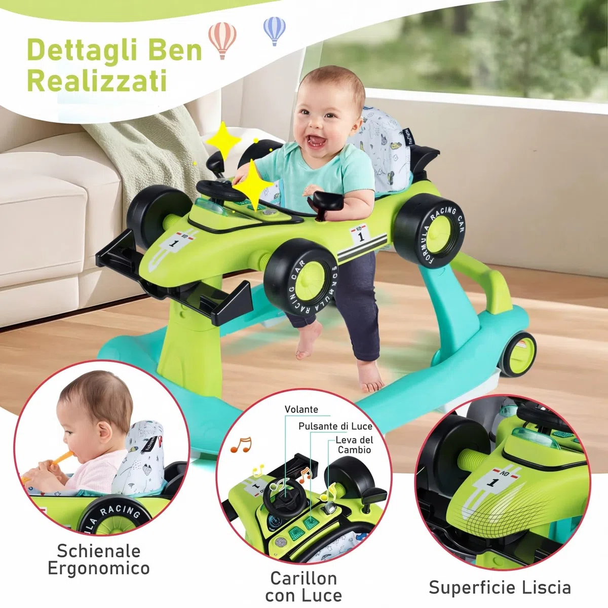 COSTWAY Girello per Bambini 4 in 1, Girello Pieghevole con Altezza e Velocità Regolabili, Carillon con Luci, Volante, Primi Passi per Bambini 6-18 Mesi, Portata 12 kg (Verde)