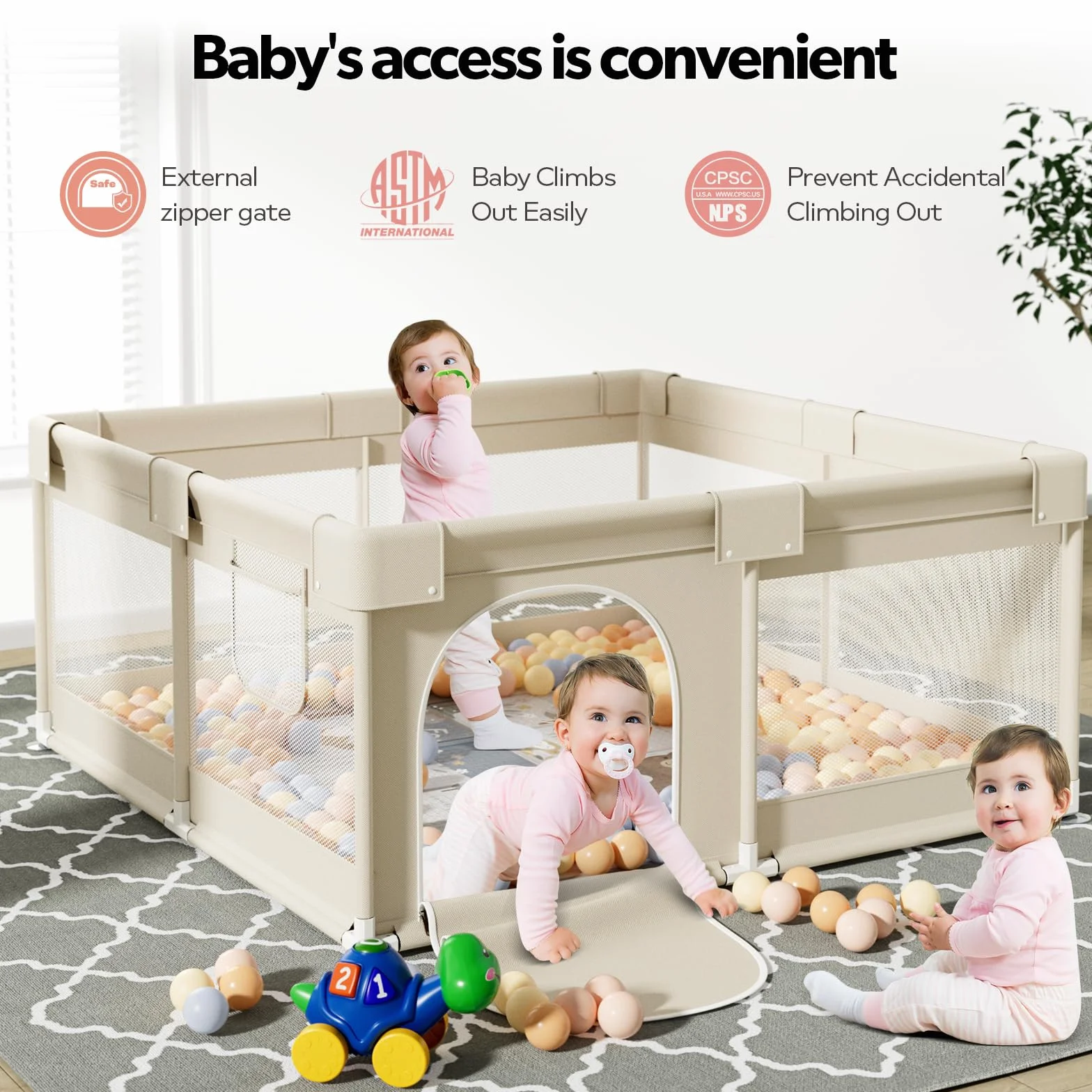 Fodoss box recinto morbido per bambini, neonato, 120x120cm, con Rete Traspirante Sui Quattro Lati e Ventose-beige