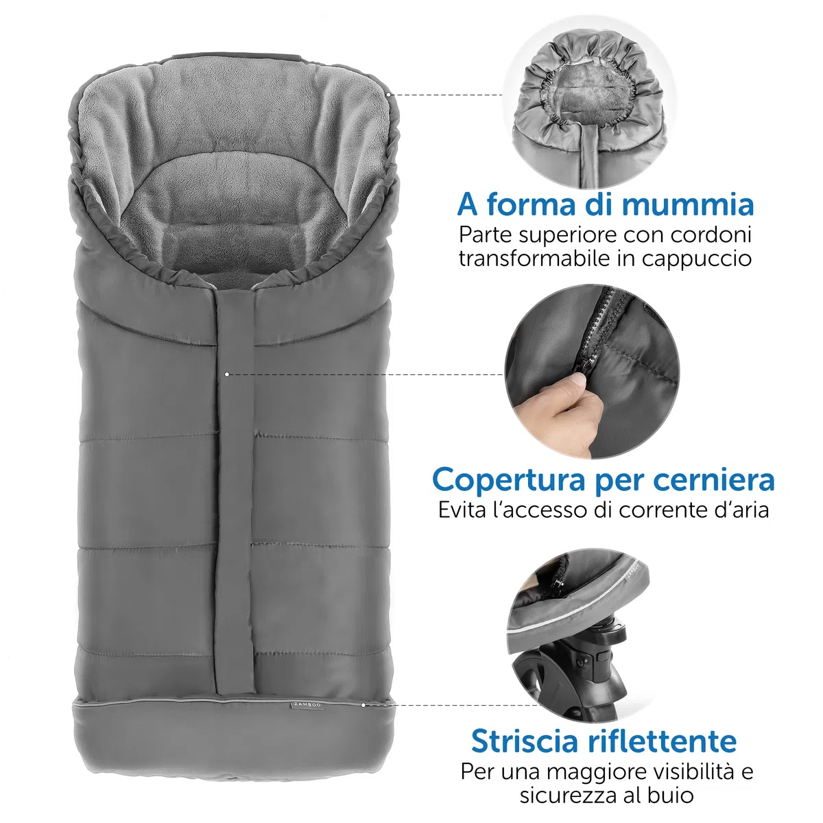 Zamboo Sacco Passeggino Invernale e per Carrozzine - Coprigambe Passeggino Universale Invernale con Banda Riflettente, con Borsa - Grigio