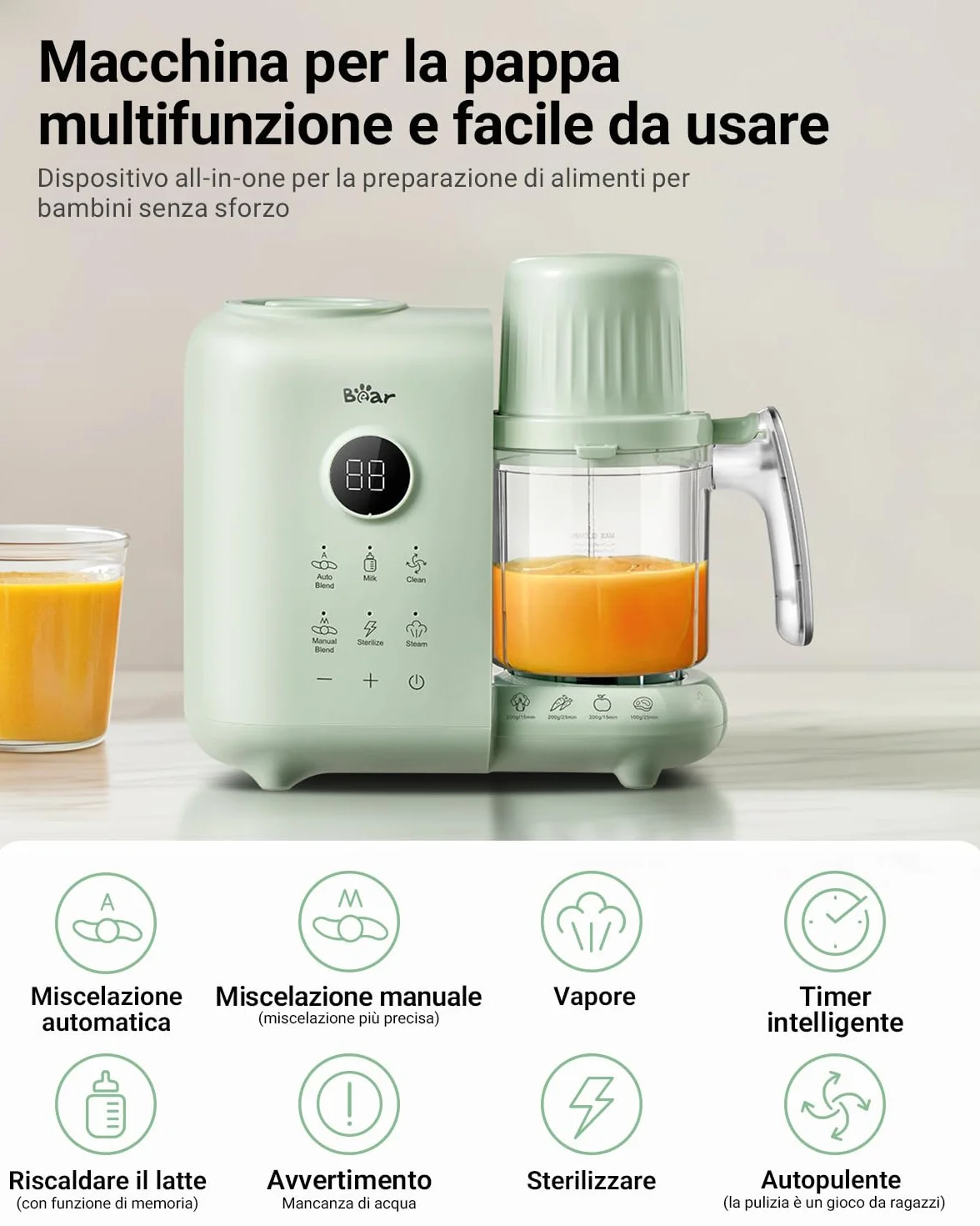 Bear Cuocipappa Mixer Multifunzione 7-in-1 per Bébé - Vapore, Mixer, Pulse, Pulizia Automatica, Sterilizzato, Riscalda, Scongela - Robot Cucina Multifunzione