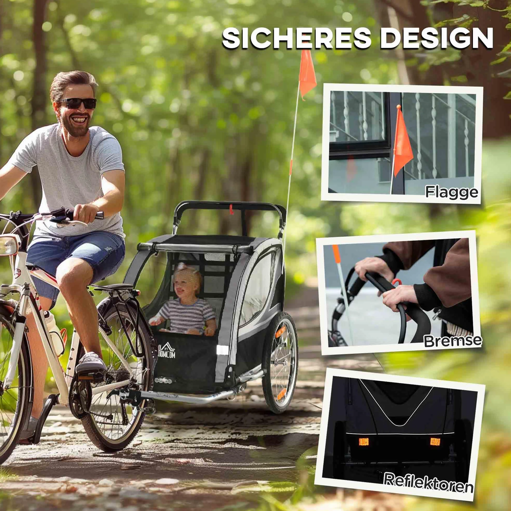 HOMCOM 2 in 1 Kinderfahrradanhänger mit Mesh-Tür, 360° Drehbares Vorderrad, Buggy mit Bremse, 142 x 75 x 101 cm