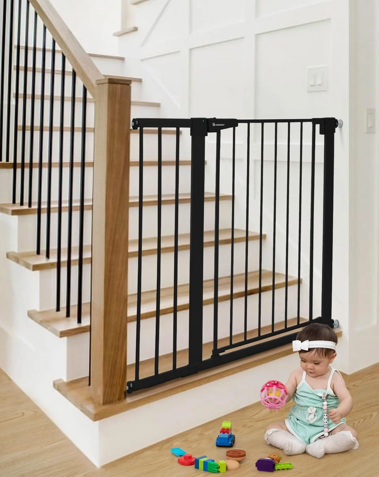 COMOMY 91,5cm Cancelletto per cani Extra Alto, per Scale e Porte, 75 a 103cm di Larghezza, Montato a Pressione Cancellino Bambini di Sicurezza Extra Largo a Chiusura Automatica per Casa, Nero